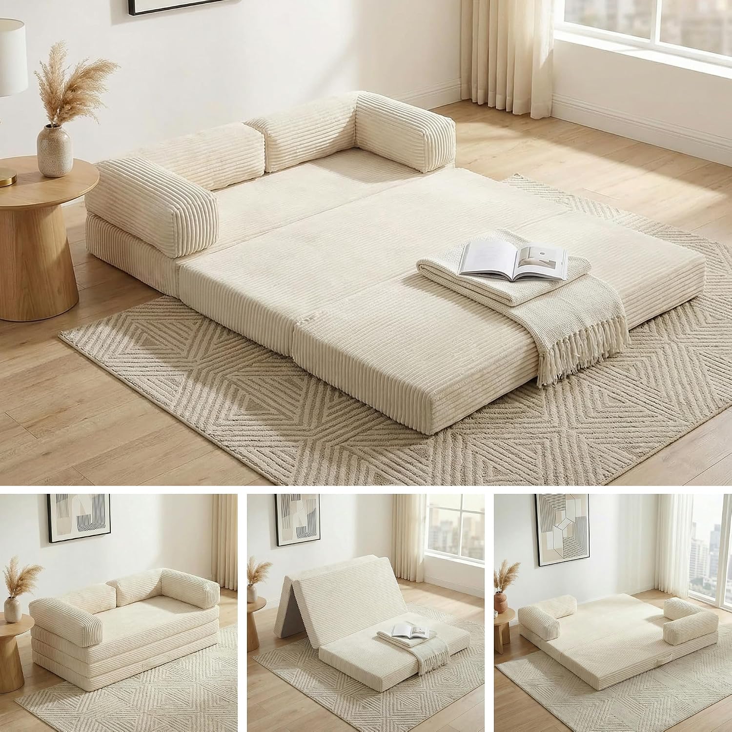 Convertible Sofa Bed Queen,5-in-1 Tri-Fold Boneless Couch with Removable Armrests & Handle,Corduroy Futon Sleeper Sofa,Floor Folding Mattress Pull Out Bed for Small Space Apartment Living Room Bedroom