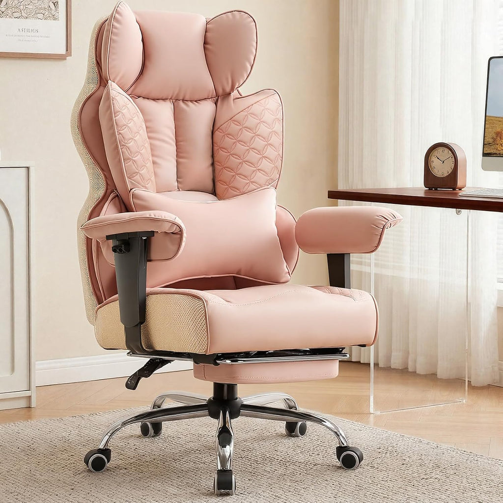 GTPOFFICE Big and Tall Office Chair 400LBS Wide Seat Computer Gaming Chair with Footrest & Comfy Lumbar Support, Leather High Back Executive Chair with Ergonomic Pressure Relief Seat Cushion, Pink