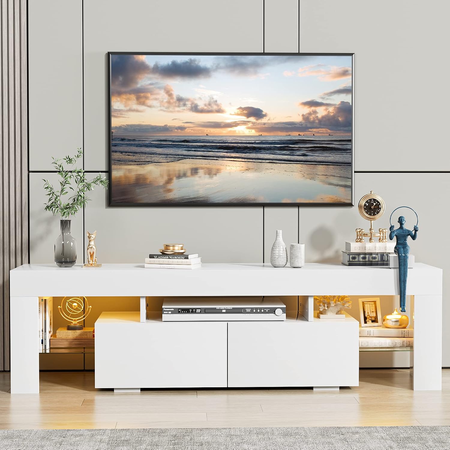 JUMMICO TV Stand with LED Lights, Modern Entertainment Center Media and Open Shelf Console Table Storage Desk with 1 Drawer and Remote Control 20 Color LED Lights up to 70 Inch TV (White)