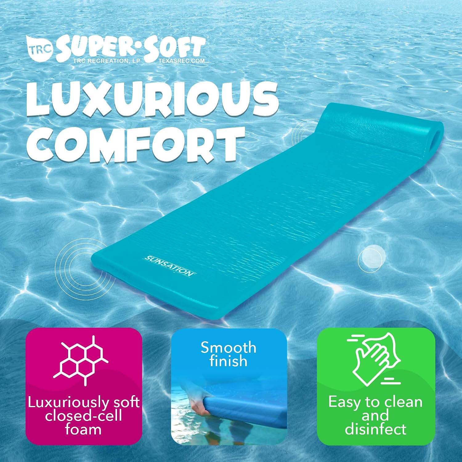 TRC Recreation Sunsation Thick Foam Pool Float Lounger w/Headrest for Lounging & Sunbathing in Swimming Pools, Beaches & Lakes