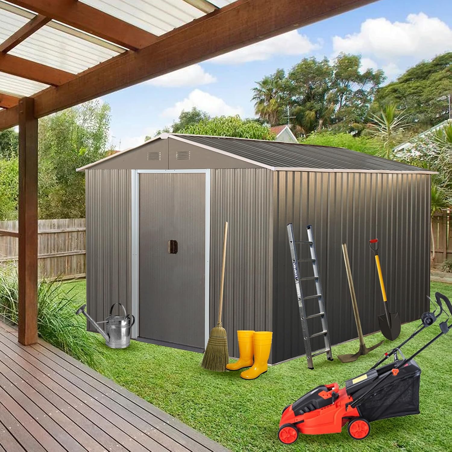 10 x 8 FT Outdoor Storage Shed, Metal Garden Shed with Floor Frame, Large Tool Shed Outdoor Storage with Lockable Sliding Doors & Air Vents, Storage House Waterproof for Backyard, Lawn, Gray
