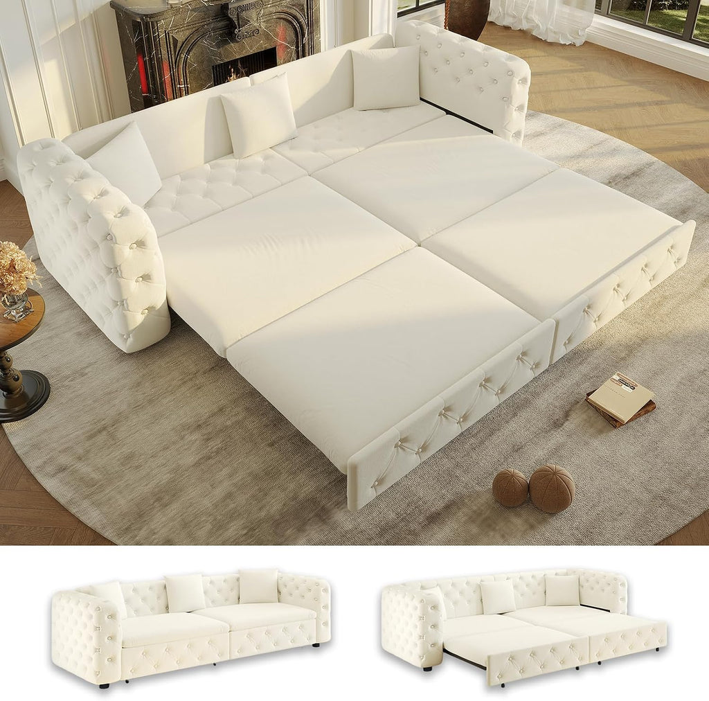 89' Pull Out Sofa Bed King Size, Velvet Chesterfield Sleeper Sofa Couch, 3 in 1 Convertible Recliner, Modern Tufted Deep Seat Couches for Living Room, Small Space, Apartment, Cream Beige