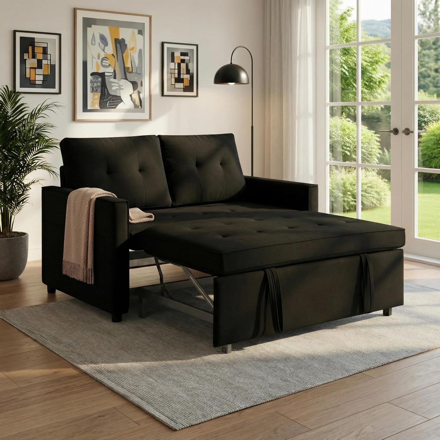 Sofa Bed, Pull Out Couch with Side Pockets, 3 in 1 Velvet Fabric Loveseat Sleeper Sofa Bed, Pull Out Couch with Adjustable Backrest for Living Room, Bedroom, Apartment, Black, 53 Inch
