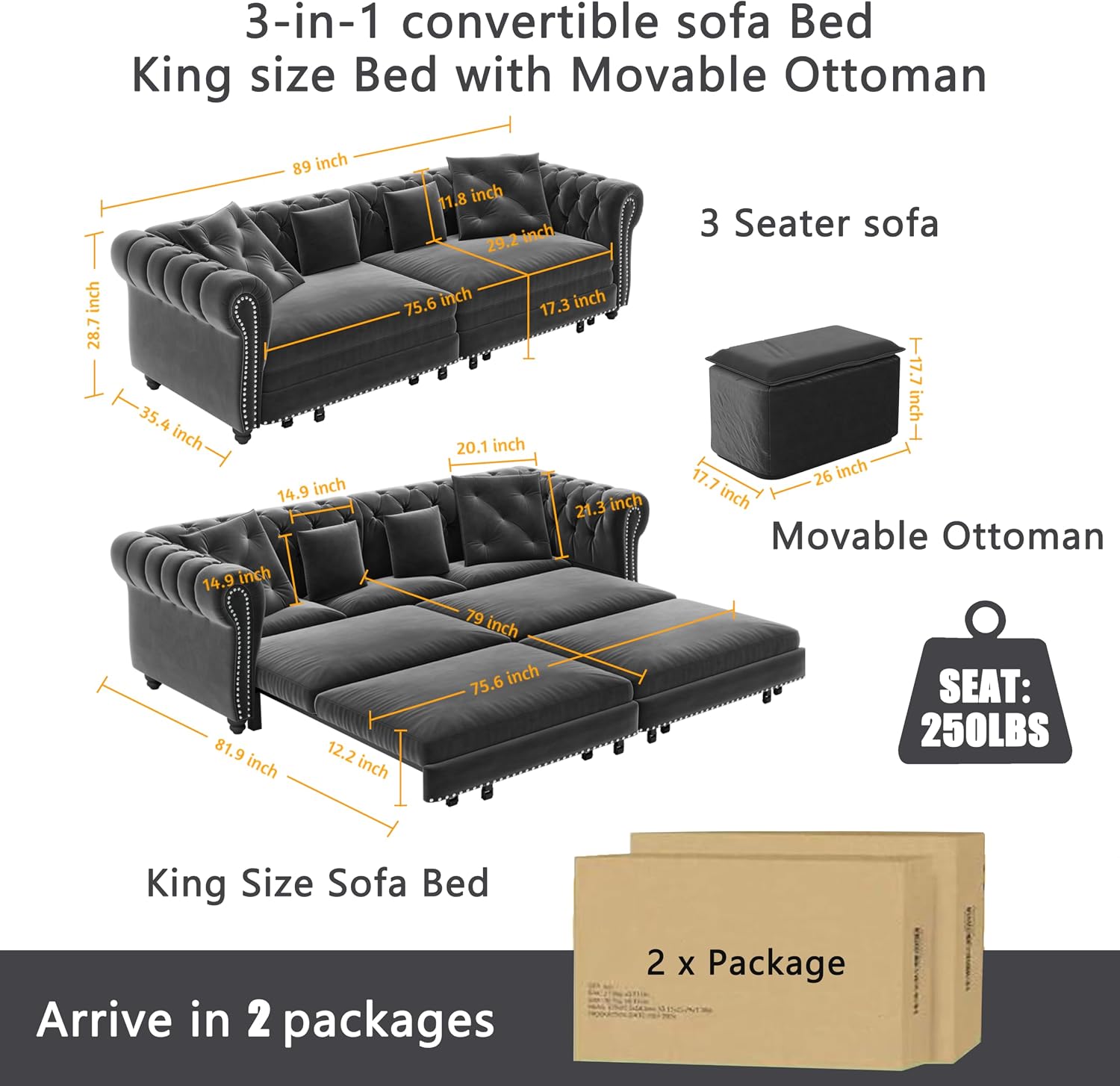 89' King Pull Out Sofa Bed, Velvet Chesterfield Sleeper Sofa Couch, 3 in 1 Convertible Tufted Futon Couches with Ottoman for Living Room, Small Space, Apartment, Office, Bedroom, Gray