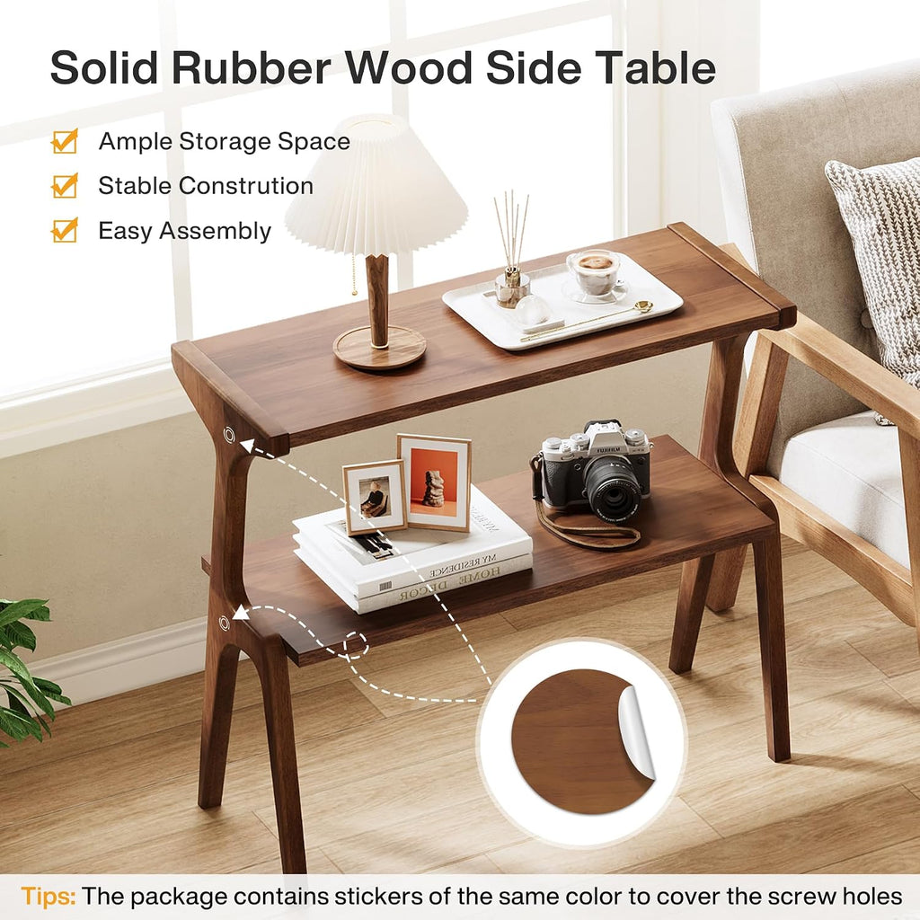 Tribesigns Set of 2 Solid Wood End Table, Rustic Side Table for Couch, 2-Tier Farmhouse Tall End Table, Narrow Bedside Table for Bedroom, Living Room, Easy Assembly, Rustic Brown