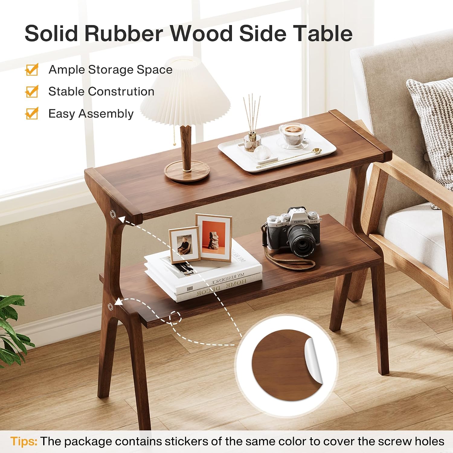 Tribesigns Set of 2 Solid Wood End Table, Rustic Side Table for Couch, 2-Tier Farmhouse Tall End Table, Narrow Bedside Table for Bedroom, Living Room, Easy Assembly, Rustic Brown