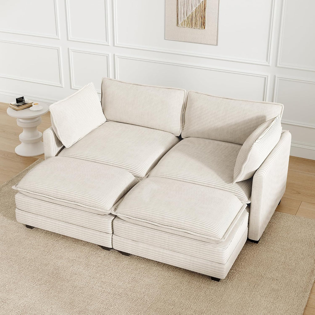 78'' Modular Sectional Cloud Couch with 2 Movable Ottoman, 4 Seat Comfy Modern Corduroy Sofa with 2 Throw Pillows, Deep Seat Sleeper Couch for Living Room Bedroom Apartment, Beige