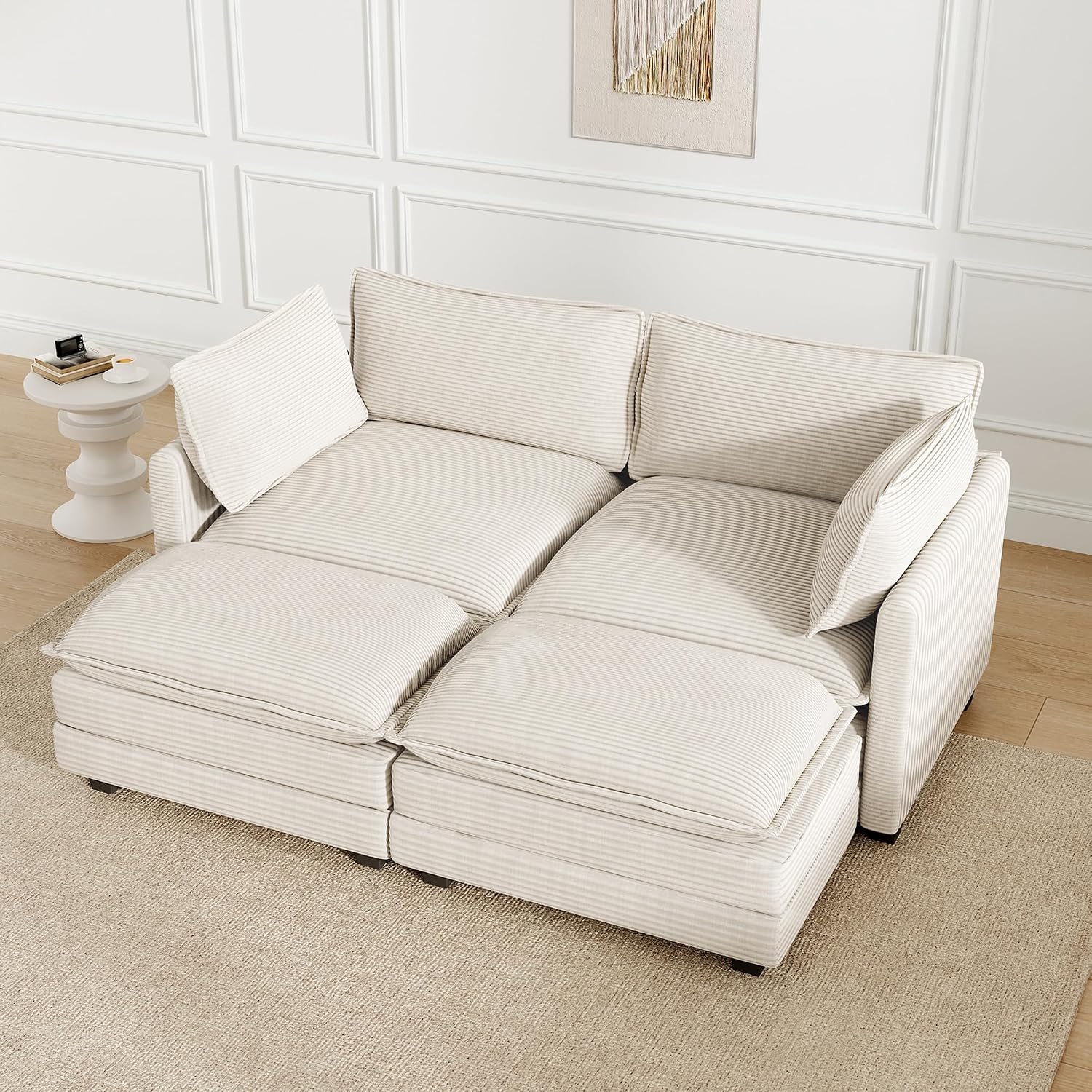 78'' Modular Sectional Cloud Couch with 2 Movable Ottoman, 4 Seat Comfy Modern Corduroy Sofa with 2 Throw Pillows, Deep Seat Sleeper Couch for Living Room Bedroom Apartment, Beige