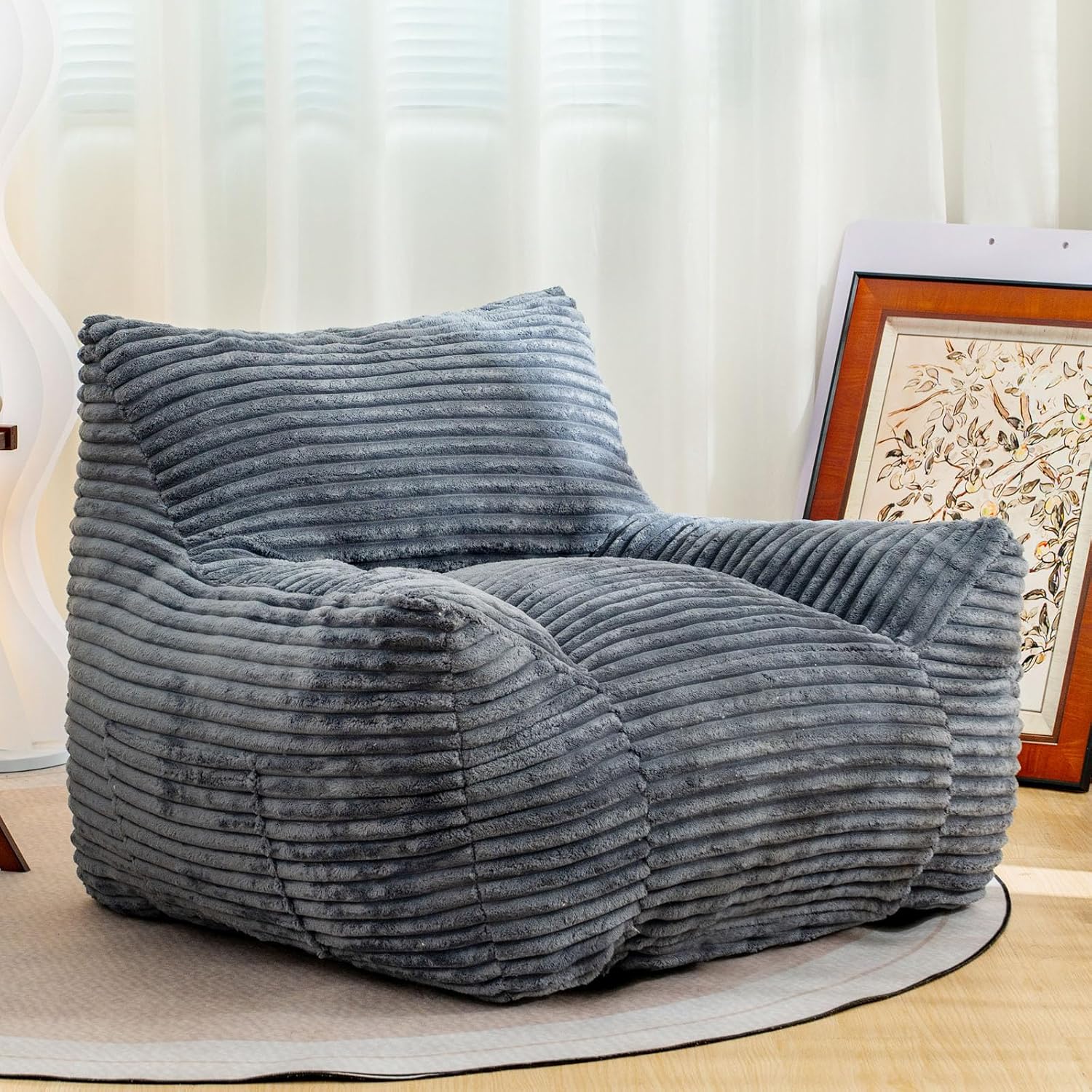 Bean Bag Chair for Adults, Comfy Corduroy Beanbag with Armrests, Lazy Sofa Floor Chair for Living Room, Bedroom, Dorm & Lounge, Cozy Fluffy Single Mini Couch (Gray)