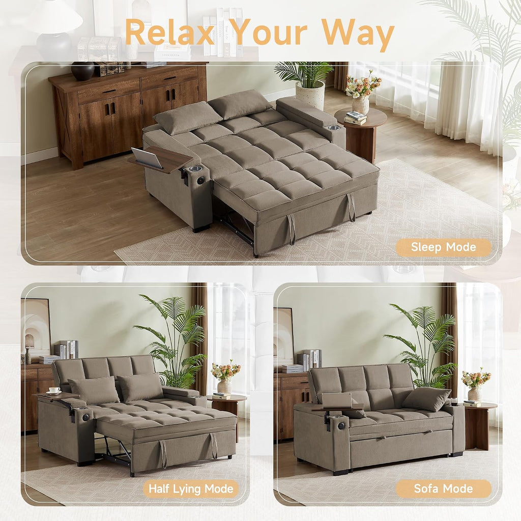 hansones 66' Multi-Functional Pull-Out Sofa Bed with Hidden Side Table, Storage Armrests, Built-in Charging Port, Spring Mattress, Solid Wood Frame – Ideal for Small Spaces, Easy Assembly