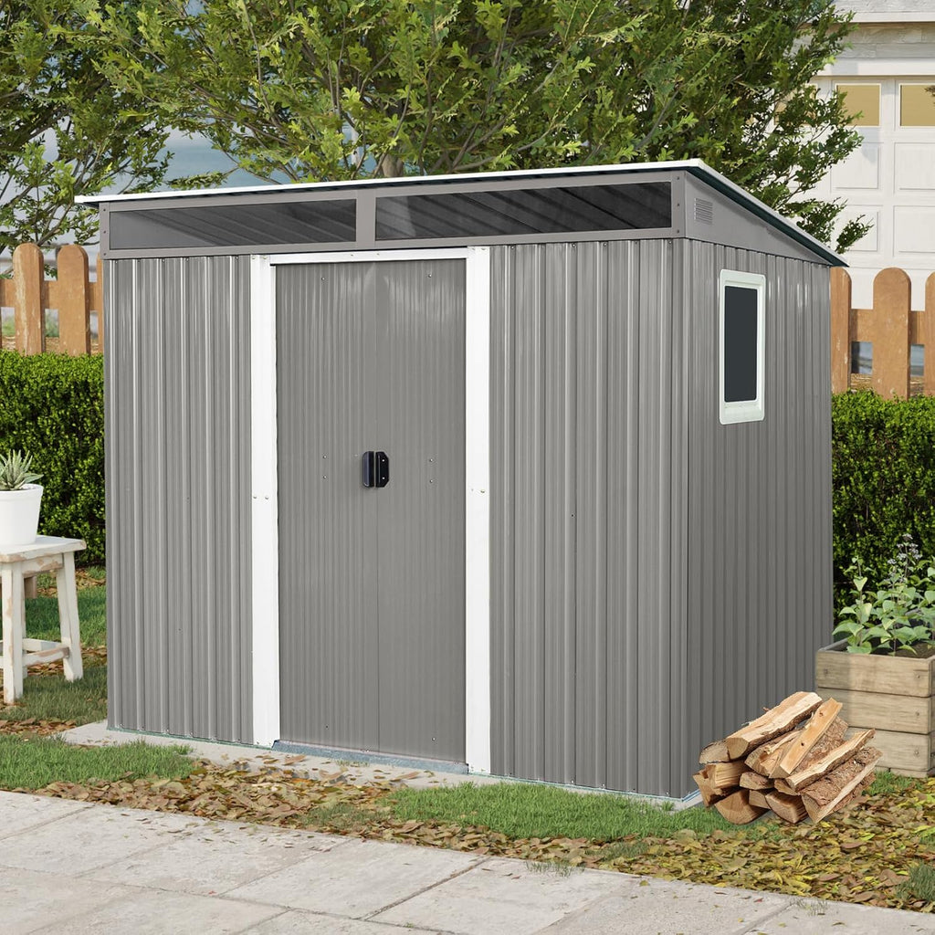KEIKI 8x6 FT Outdoor Metal Storage Shed with Sloped Roof,Window,Transparent Plate and Lockable Door for Garden Yard Lawn