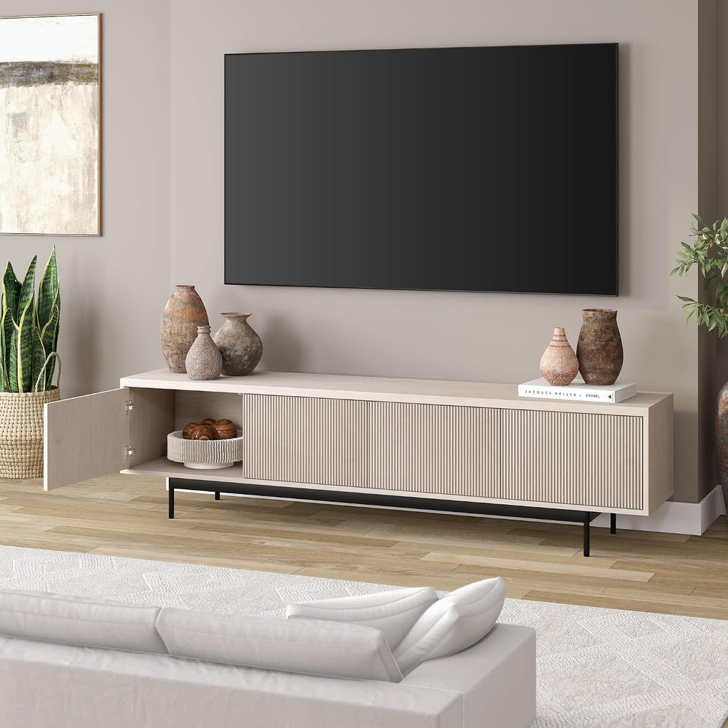 Henn&Hart Fluted TV Stand for TVs up to 85' with 2 Open-Concept Ribbed Storage Cabinets for Living Room, Family Room, or Office, Beech White