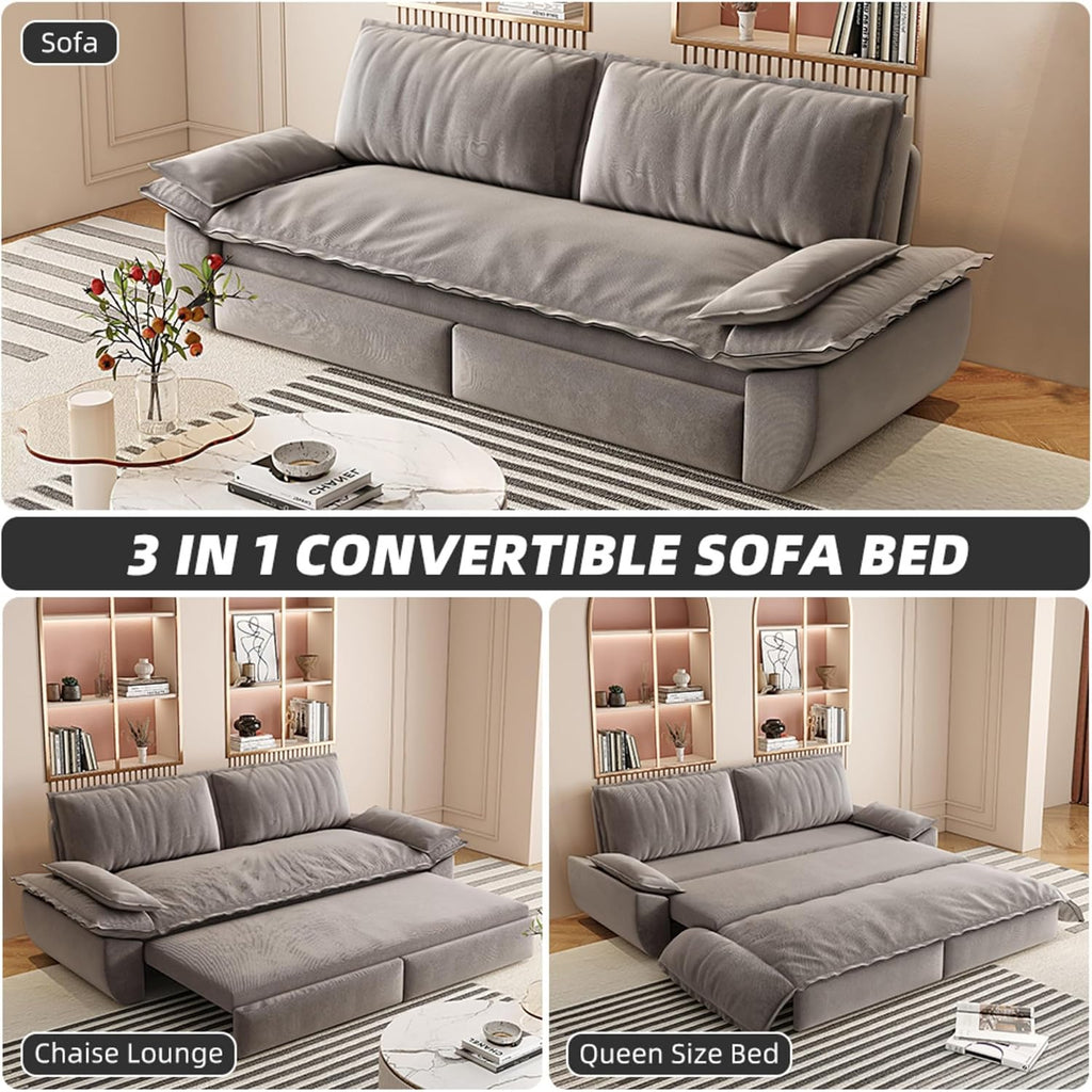 3 in 1 Convertible Queen Sleeper Sofa Bed Comfy Pull Out Futon Couch Bed 73.2' Modern Velvet Recliner Loveseat Sofa Multi-Functional Grey Cloud Couch for Living Room,Apartment,Office (Grey 73.2')