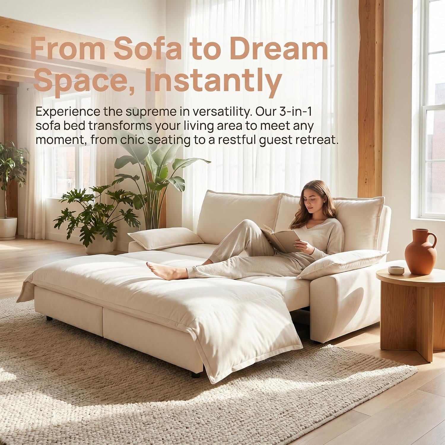 73.2' Sofa Bed Queen, 3-in-1 Pull Out Sofa Bed with Pillow Armrest, Modern Velvet Convertible Sleeper Futon Sofa for Living Room Small Space, Apartment, Bedroom, White