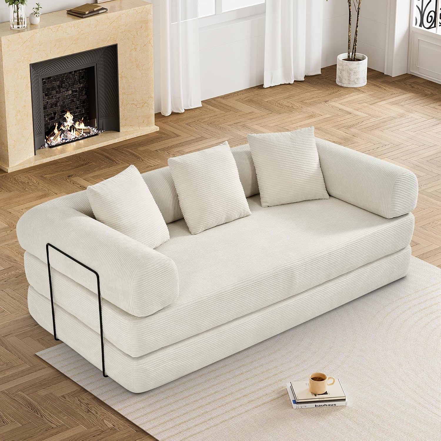 DAMAIFROM Convertible Sleeper Sofa Bed with Cylindrical Pillow,Corduroy Folding Mattress Couch with Fixed-Shape Frame,Modular Floor Sofa Lounge Couch for Living Room Bedroom Lounge,80',Beige White