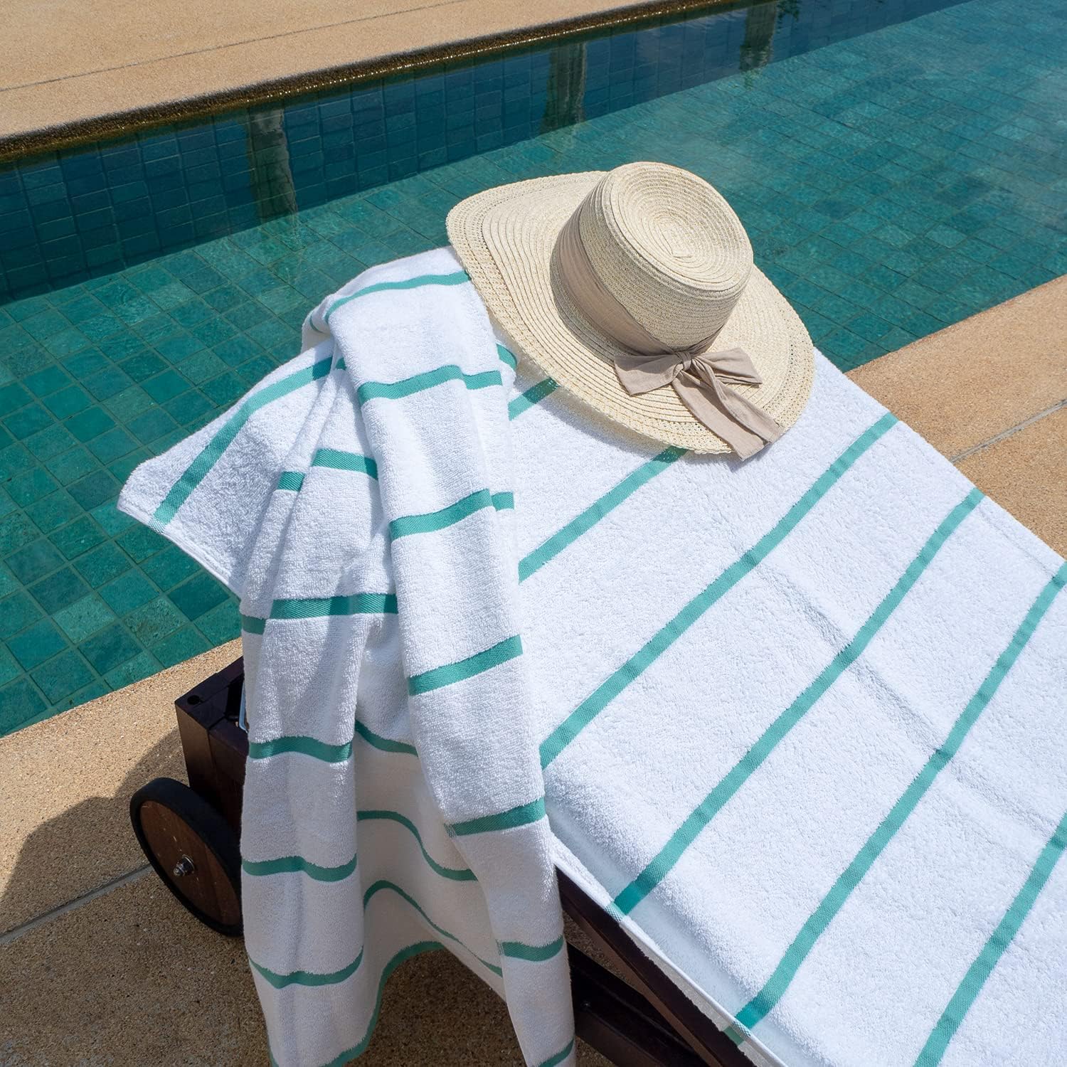 Arkwright Las Rayas Chaise Lounge Cover Towel with Pocket - Case of 12 - Striped 100% Cotton Cabana Cover for Beach Pool Outdoor Chairs, 30 x 85 in, White/Green