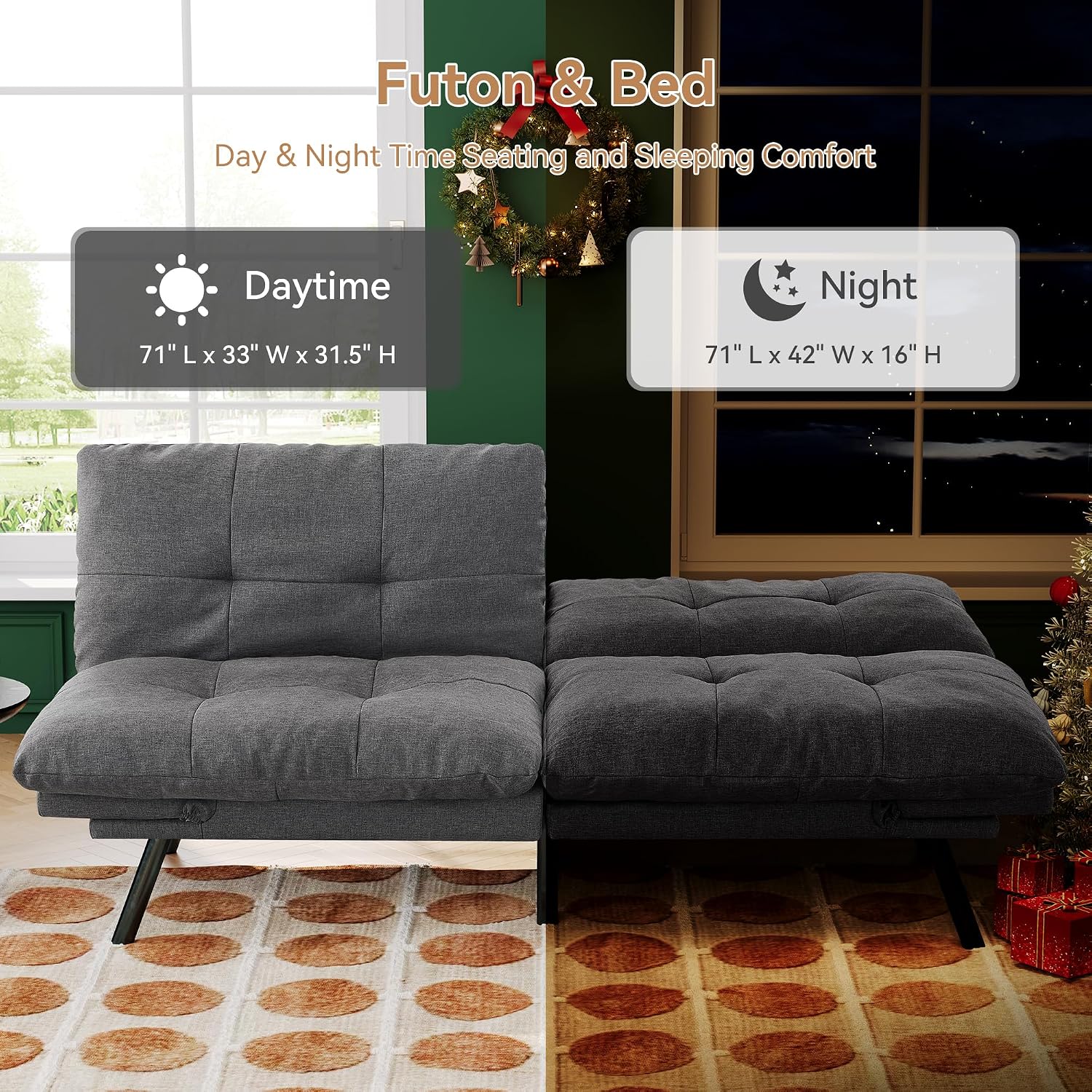 Convertible Futon Sofa Bed,71' Modern Fabric Futon Couch with Adjustable Backrest&Armrest,Small Loveseat Sleeper Sofa,Dorm Futonsofa for Apartment,Living Room,Detachable Cushions,Fog Grey