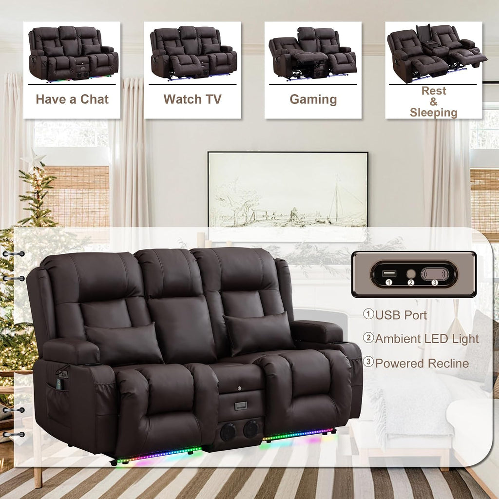 TUNYI Power Loveseat Recliner Sofa with Massage & Heat Home Theater Seating with Console RV Recliner Loveseat Sofa with USB/Storage/Side Pocket/LED Light/Speaker (Brown, Loveseat)