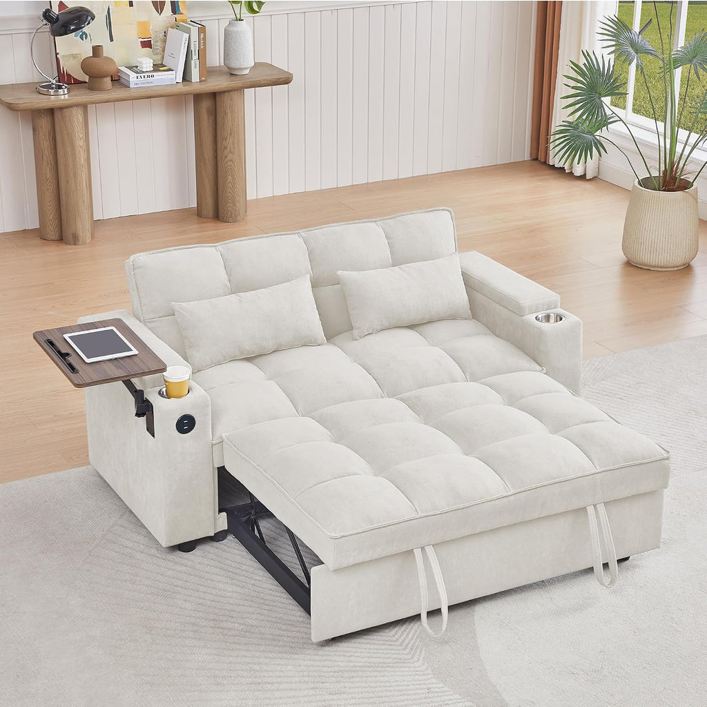 hansones 65'' Convertible Sleeper Sofa Bed with Pull-Out Design, 3-in-1 Modern Chenille Fabric Couch with 360° Swivel Side Table, Queen Size, Easy Assembly, for Living Room, White