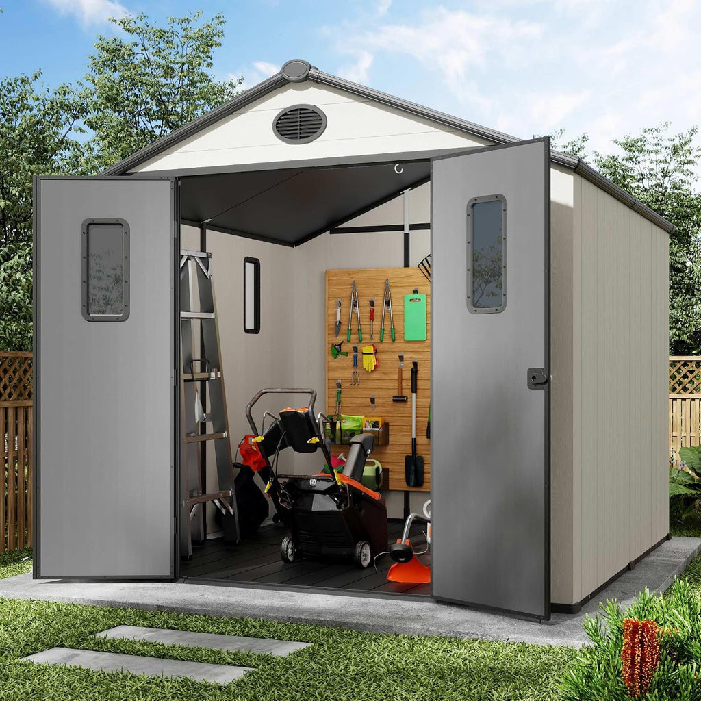 8' x 8' Outdoor Resin Storage Shed with Floor,Galvanized Metal Waterproof Garden Shed with Lockable Door, Windows, Vents, Plastic Tool, Bike Storage for Patio Furniture, Lawn Mower
