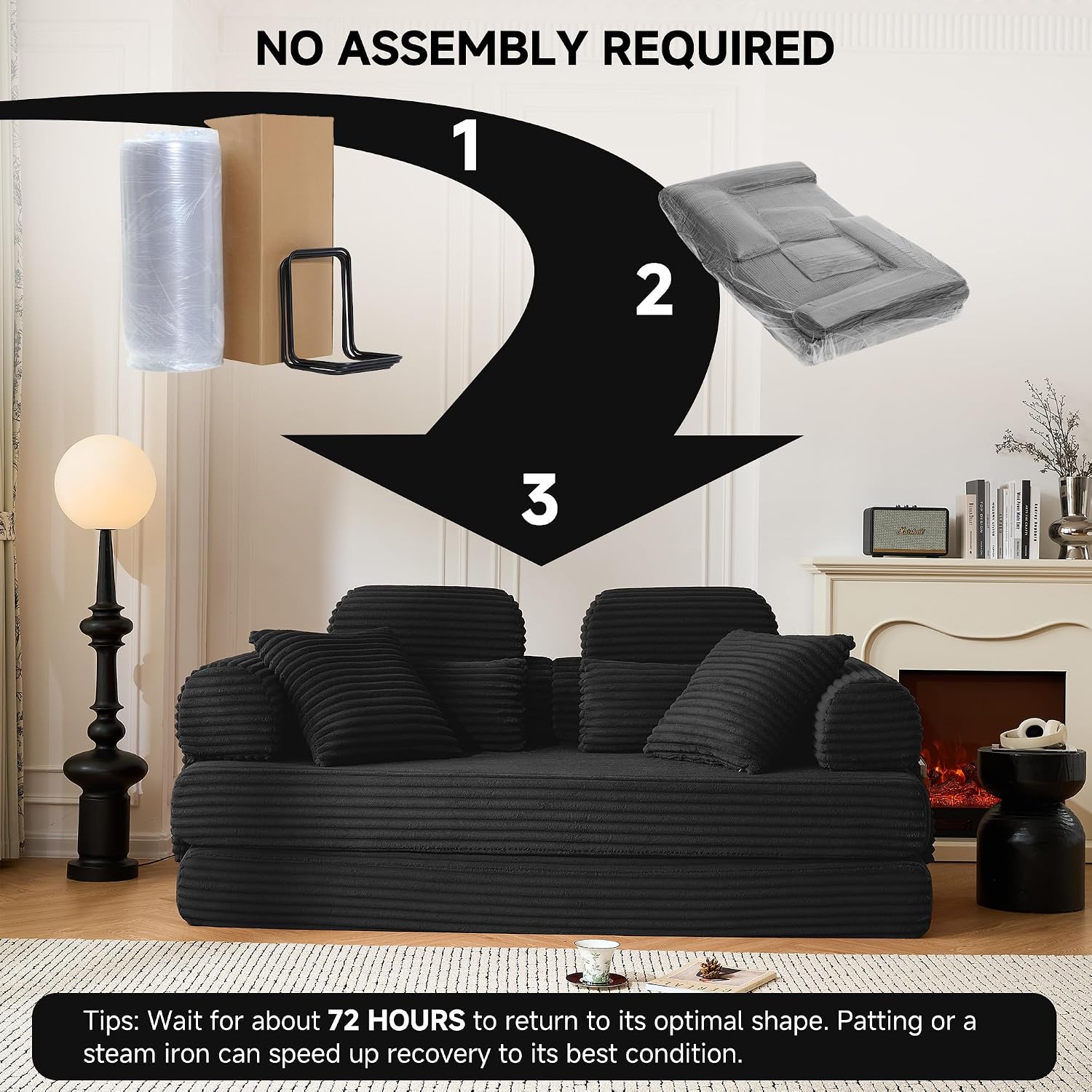 79' Sofa Bed, Deep Seat 32' Sleeper Sofa, 5-in-1 Convertible Sofa Bed, Boneless Couch in a Box, Corduroy Floor Futon with Thickened backrest and Headrest Pillows, Side Pockets, Black