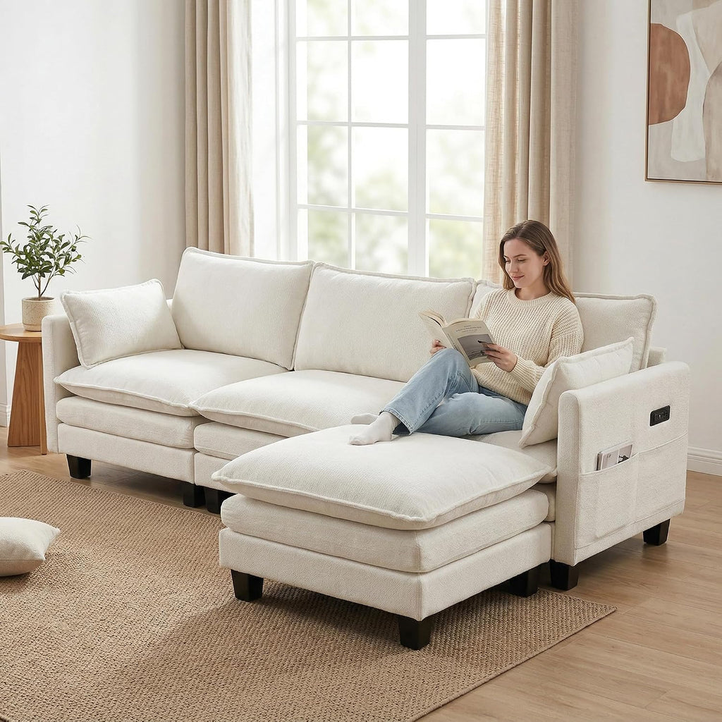 Eafurn Modular Sectional Sofa with Movable Ottomans for Living Room, 4 Seater Convertible U Shaped Sectional Couch Modern Reversible Chenille Sofa Set w/USB Ports and Side Pockets