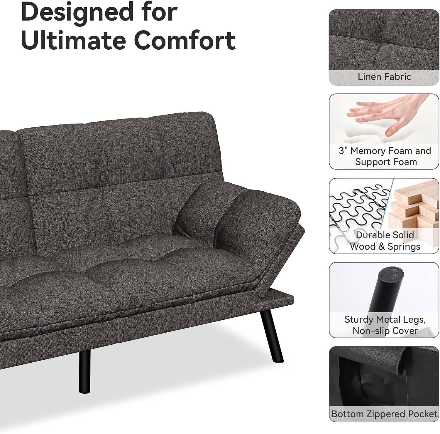 Vipbear 71' Convertible Futon Sofa Bed,Grey Linen Fabric Futon Couch with Detachable Cushion,Adjustable Backrest & Armrest,Modern Loveseat Sleeper Recliner for Living Room,Office,Apartment