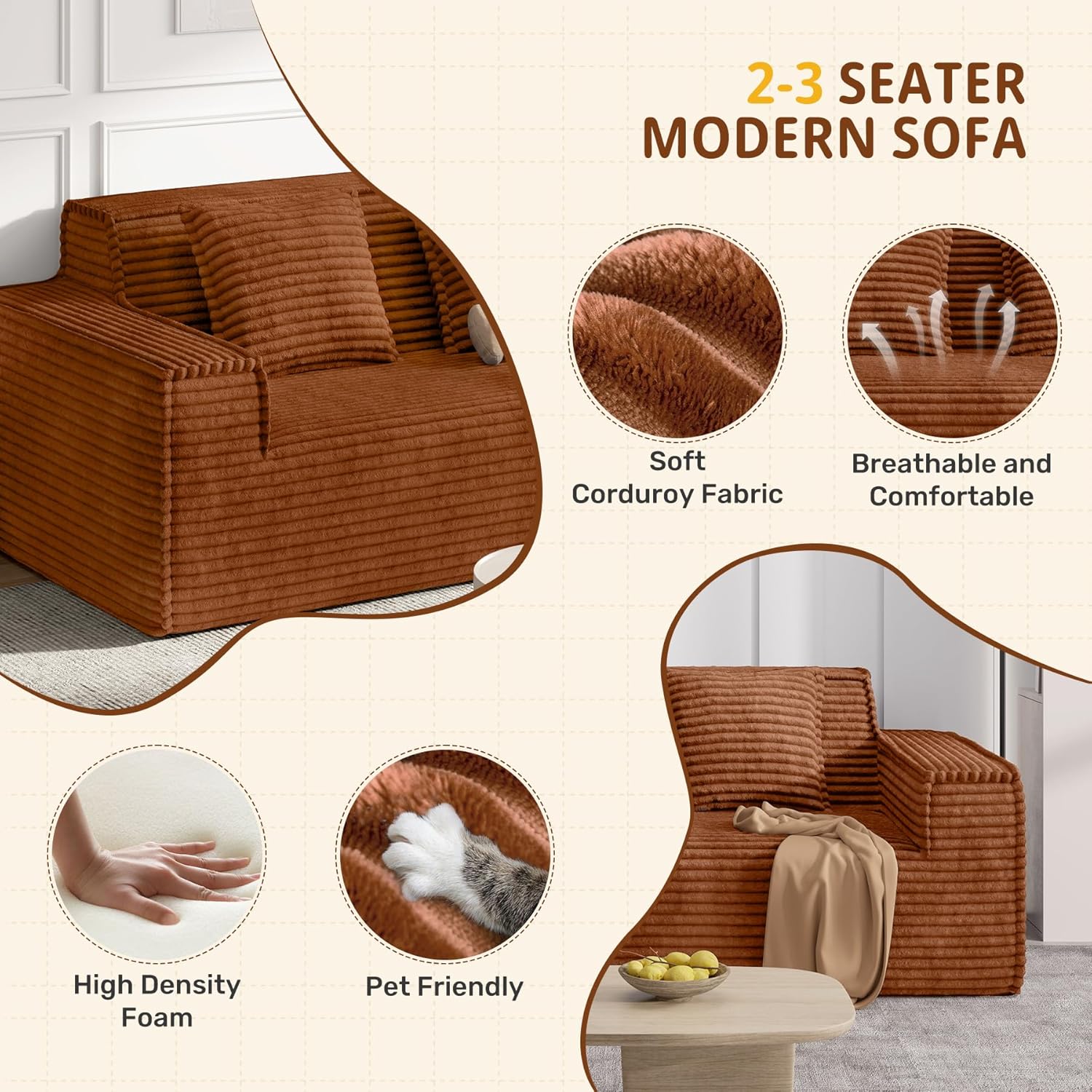 Luxanimarion 75'' Modern Loveseat Sofa, No Assembly Required Comfy Deep Seat Couches 1 pcs for Living Room, Bedroom, Apartment(Brown)