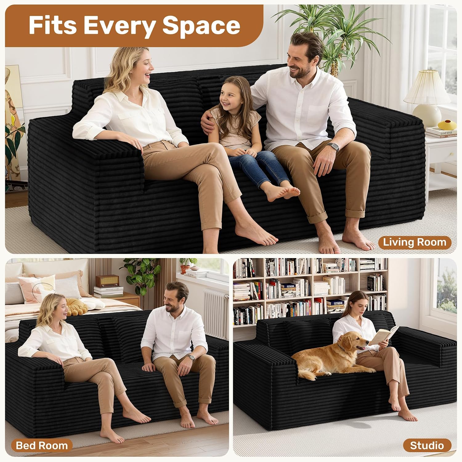 75'' Modern Cloud Loveseat Sofa Set of 2, No Assembly Required Comfy Deep Seat Couches 2 pcs for Living Room, Bedroom, Apartment (Corduroy-Black)
