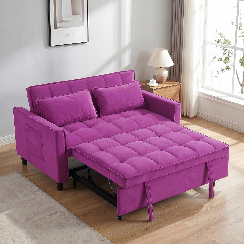 3 in 1 Convertible Sofa Bed, Loveseat Sleeper Sofa with Large Side Pockets, Pull Out Couch with Adjustable Backrest, Easy Assembly, Velvet Couch Bed for Small Spaces, Apartment, Deep Pink