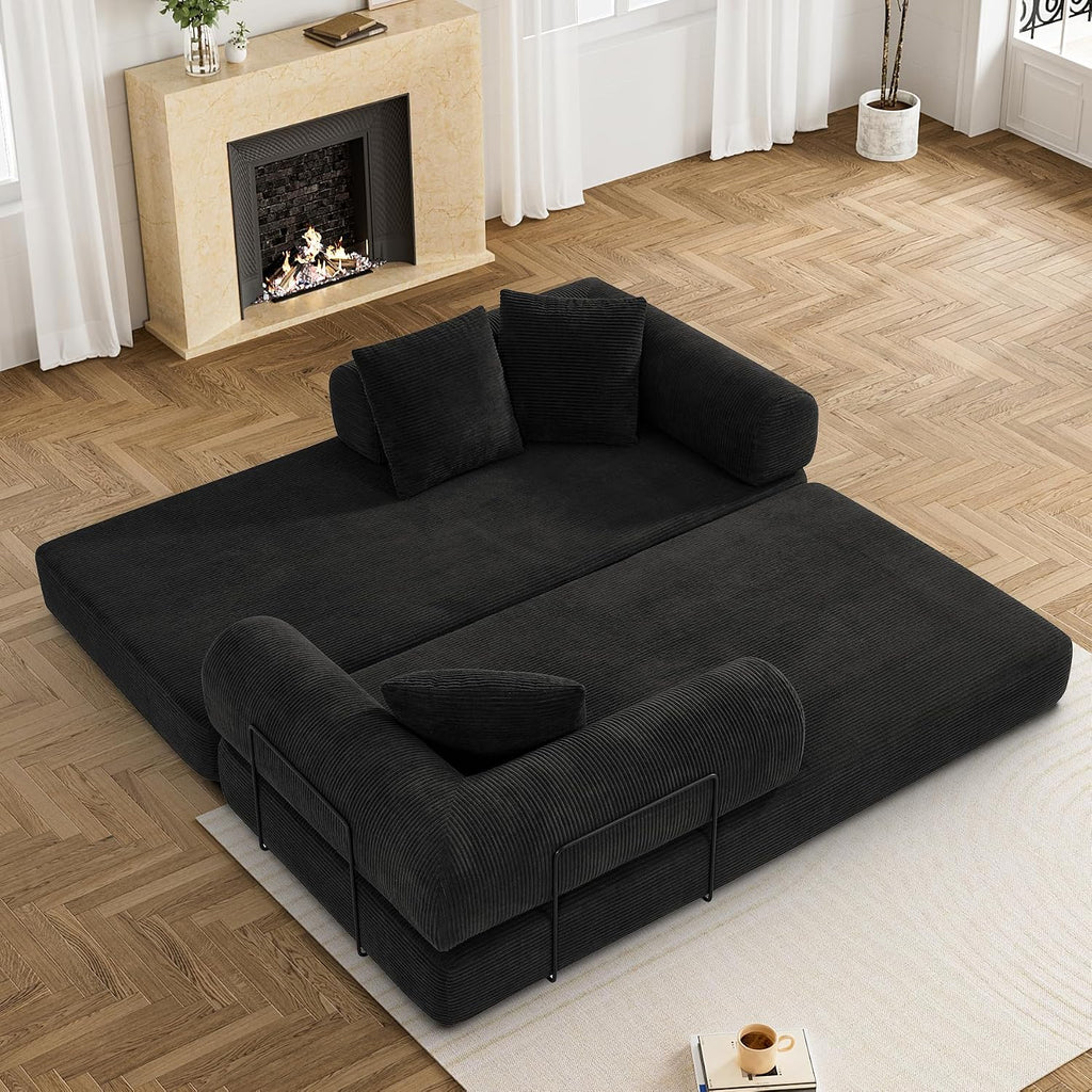 DAMAIFROM Convertible Sleeper Sofa Bed with Cylindrical Pillow,Corduroy Folding Mattress Couch with Fixed-Shape Frame,Modular Floor Sofa Lounge Couch for Living Room Bedroom Lounge,80',Black