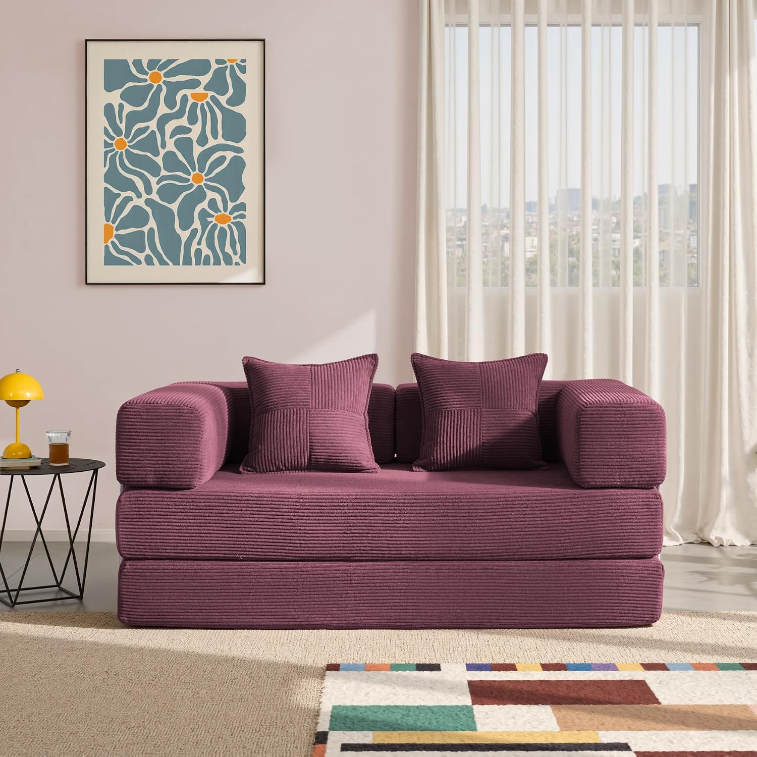YINIX Sofa Bed, 62'' Folding Floor Couch, Compressed Convertable Sleeper Sofa, Memory Foam Couch with Pillow Back Support Armrest, 4-in-1 Futon Sofa Bed for Living Room, Burgundy
