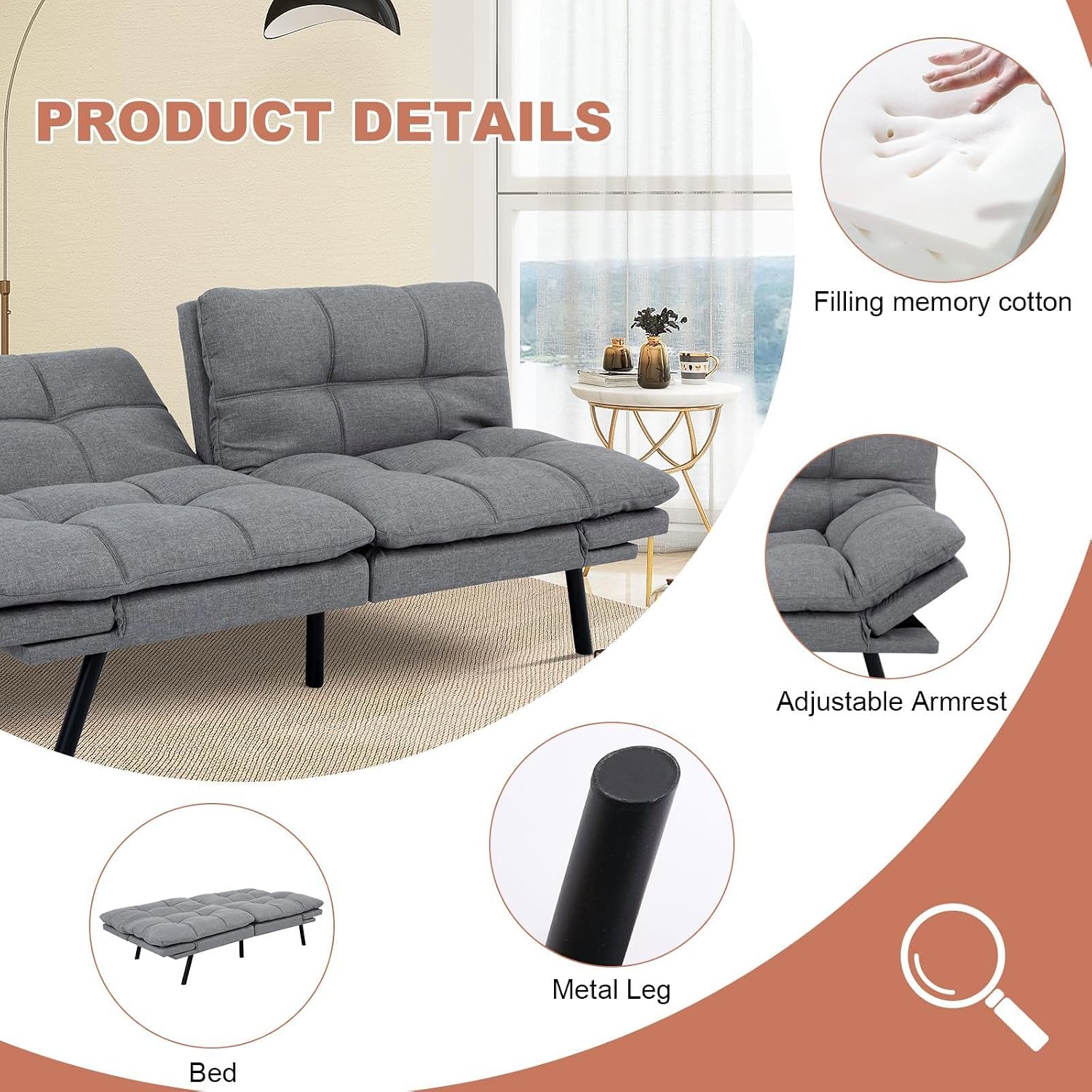 MUUEGM Futon Sofa Bed,Memory Foam Modern Convertible Couch Bed,Folding Futon Sleeper Couch with Compact Living Space,Apartment,Dorm,Bonus Room,71' D x 33' W x 31.5' H,Grey