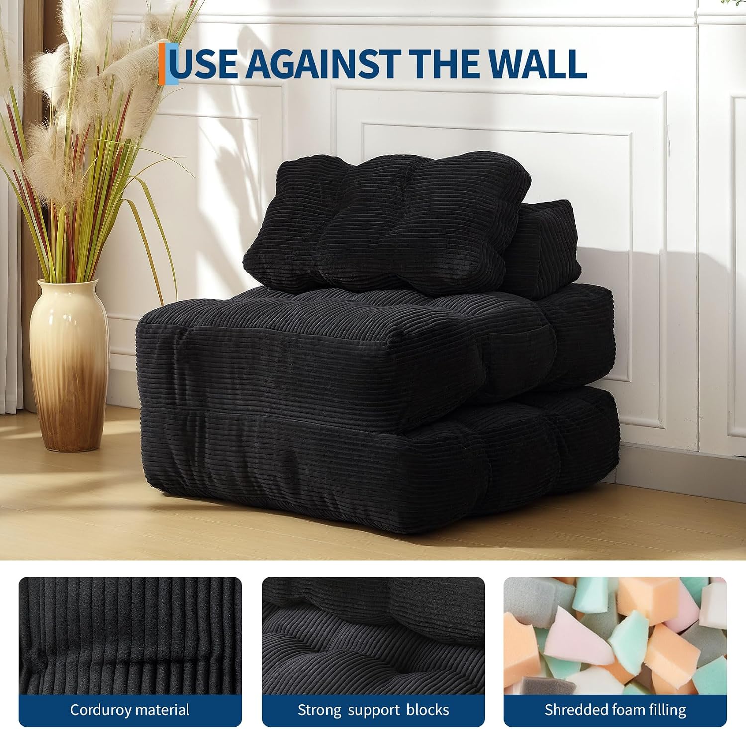 Folding Sofa Bed, 3-in-1 Convertible Sleeper Chair with Pillow, Single Futon Couch Bed with Back Support, Portable Fold Out Chair Bed Comfy Floor Sofa Lounge for Living Room Bedroom, Black