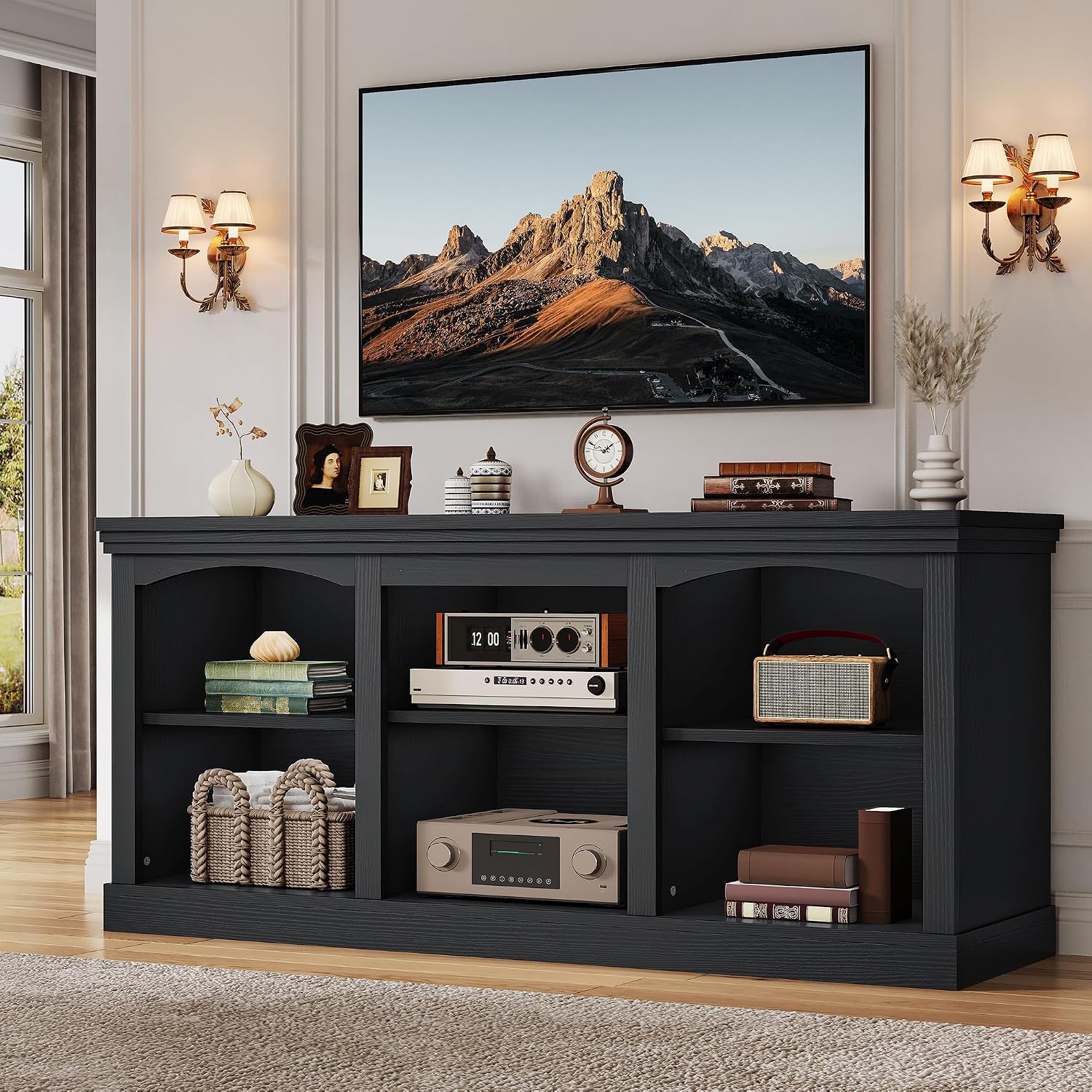 YITAHOME Farmhouse TV Stand with Cord Management for 75/80 Inch TV, Entertainment Center with Adjustable Shelf & Open Storage, 70' TV Console Table for Living Room (Black)