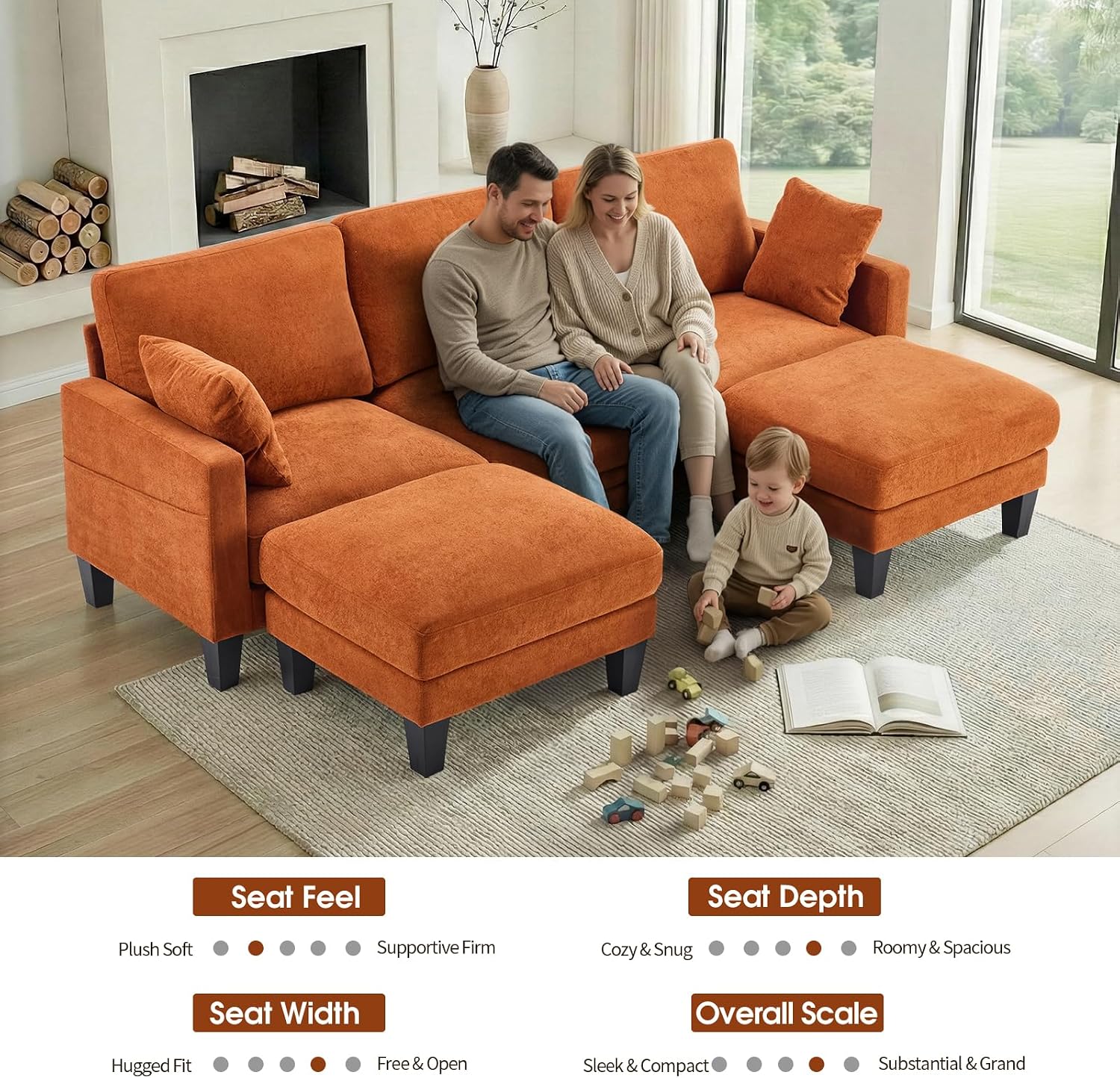 VINGLI 100' W U Shaped Couch with Ottoman, 22' Deep Seat Comfortable Sectional Couches for Living Room, 3 Seater Chenille Fabric Cloud Sofa for Apartment, Small Spaces, Bedroom, Orange