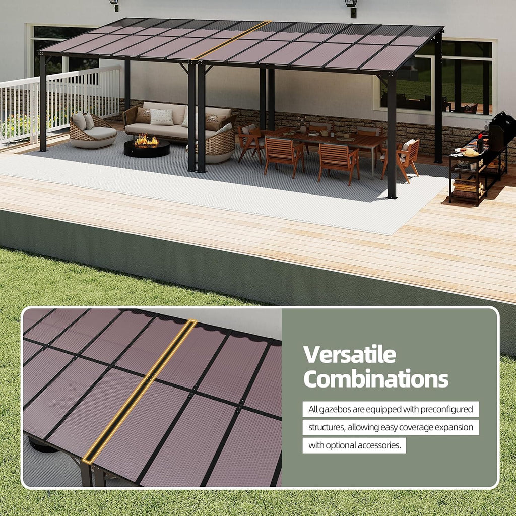 10'×12' Patio Gazebo with Waterproof Fuzzy Strip, Innovative Base Support Pergola, Wall Mounted Gazebo for Backyard, Decks, Garden