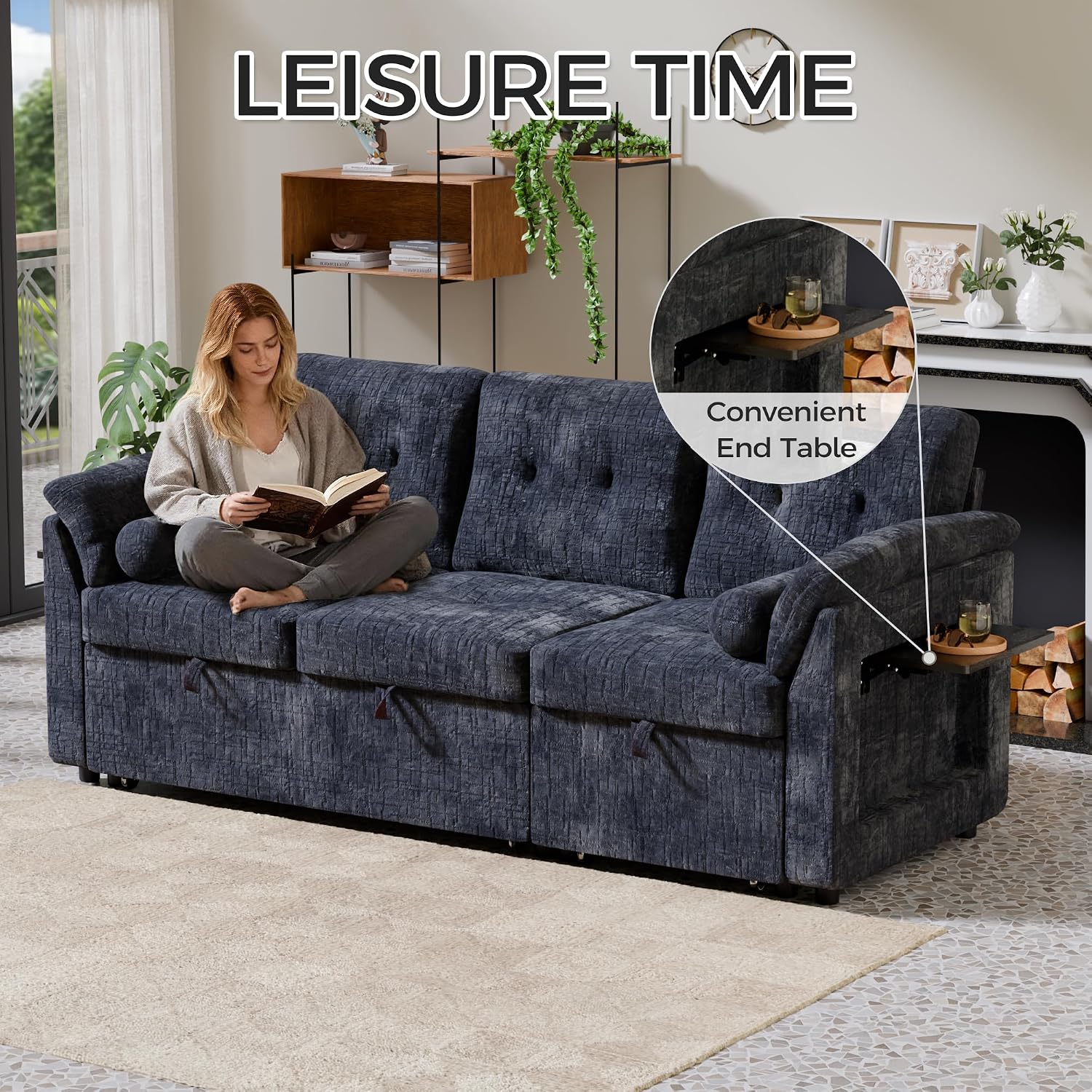 Convertible Sleeper Sofa Bed, 63 Inch Chenille Pull Out Couch with Side Table & Adjustable Backrest, Sectional Sleeper Sofa with Pull Out Bed for Living Room, Apartment, Blue