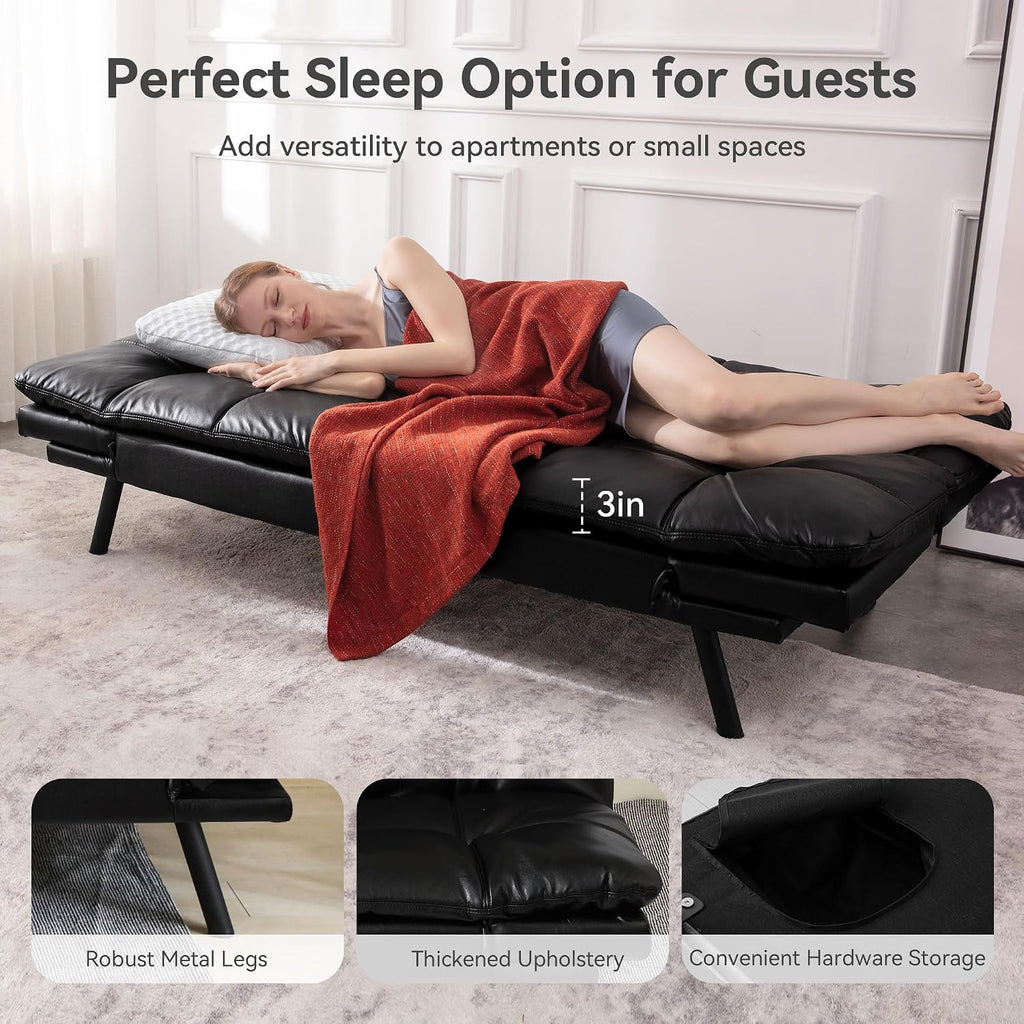 Convertible Futon Sofa Bed,71' Modern Premium Faux Leather Futon Couch with Adjustable Backrest&Armrest,Small Loveseat Sleeper Sofa,Dorm Futonsofa for Apartment,Living Room,Black