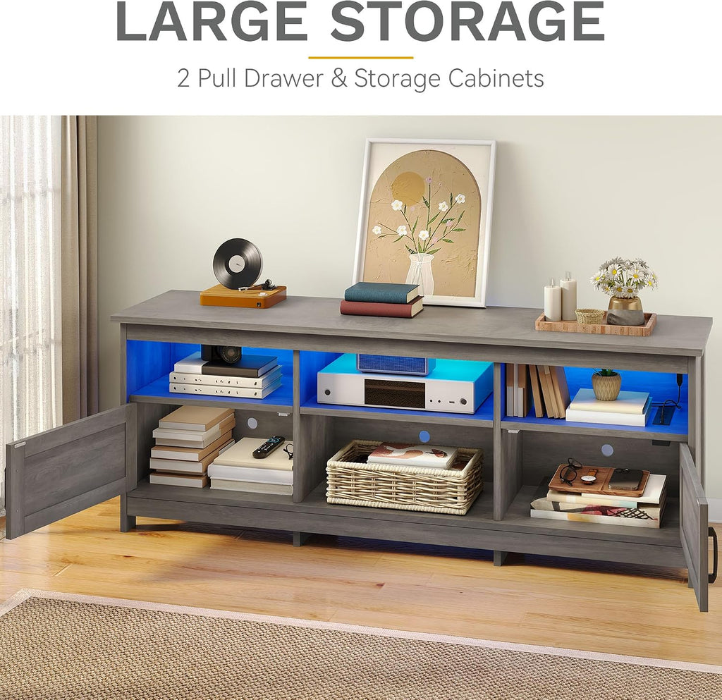 DWVO Farmhouse TV Stand with Power Outlets & LED Lights, Entertainment Center for TVs up to 80', TV Console with Storage Cabinets & Open Shelves for Living Room (Washed Grey)