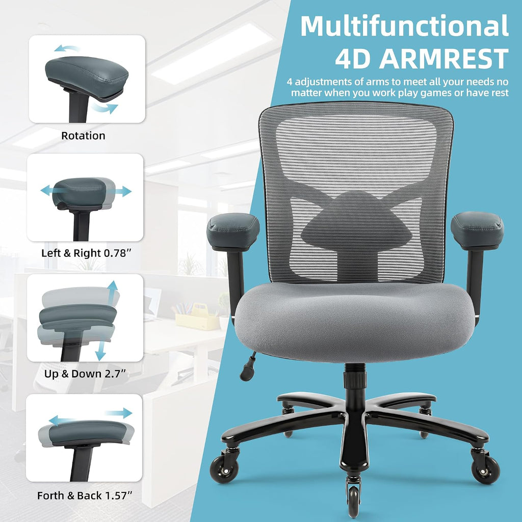 500LBS Big and Tall Office Chair with 4D Armrests & Adjustable Backrest, Heavy Duty Office Chair for Heavy People, Memory Foam Seat Filling Springs, Grey