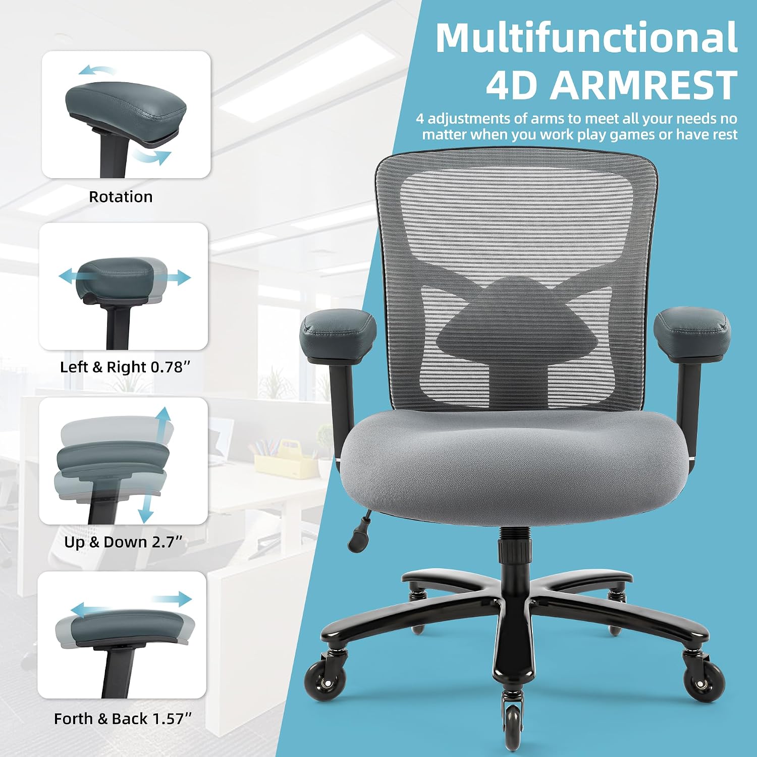500LBS Big and Tall Office Chair with 4D Armrests & Adjustable Backrest, Heavy Duty Office Chair for Heavy People, Memory Foam Seat Filling Springs, Grey