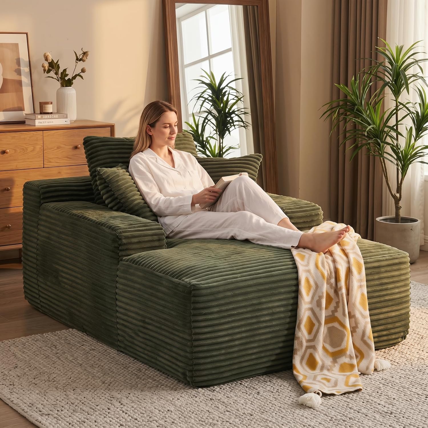 Oversized Boneless Chaise Sofa Bed, Corduroy Chaise Lounge Chair Indoor with Storage Pockets, Upholstered Cloud Sleeper Chair Bed for Small Space, Living Room, Bedroom, Apartment,Green