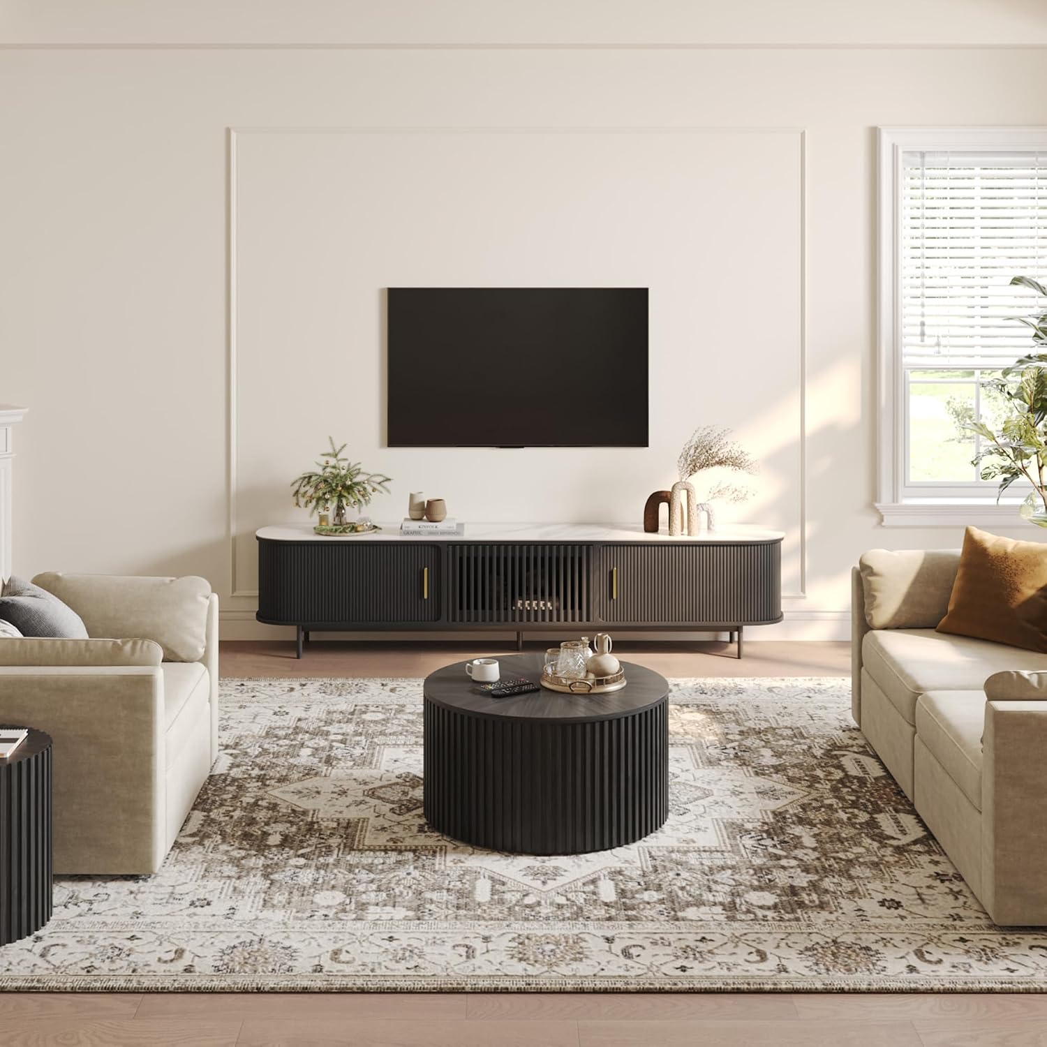 POVISON Fully-Assembled Sliding Tambour Door TV Stand, Mid Century Modern Sintered Stone TV Console, Wood Media Console for 75 Inch TV, Entertainment Center with Storage Cabinet(Black, 78.74')