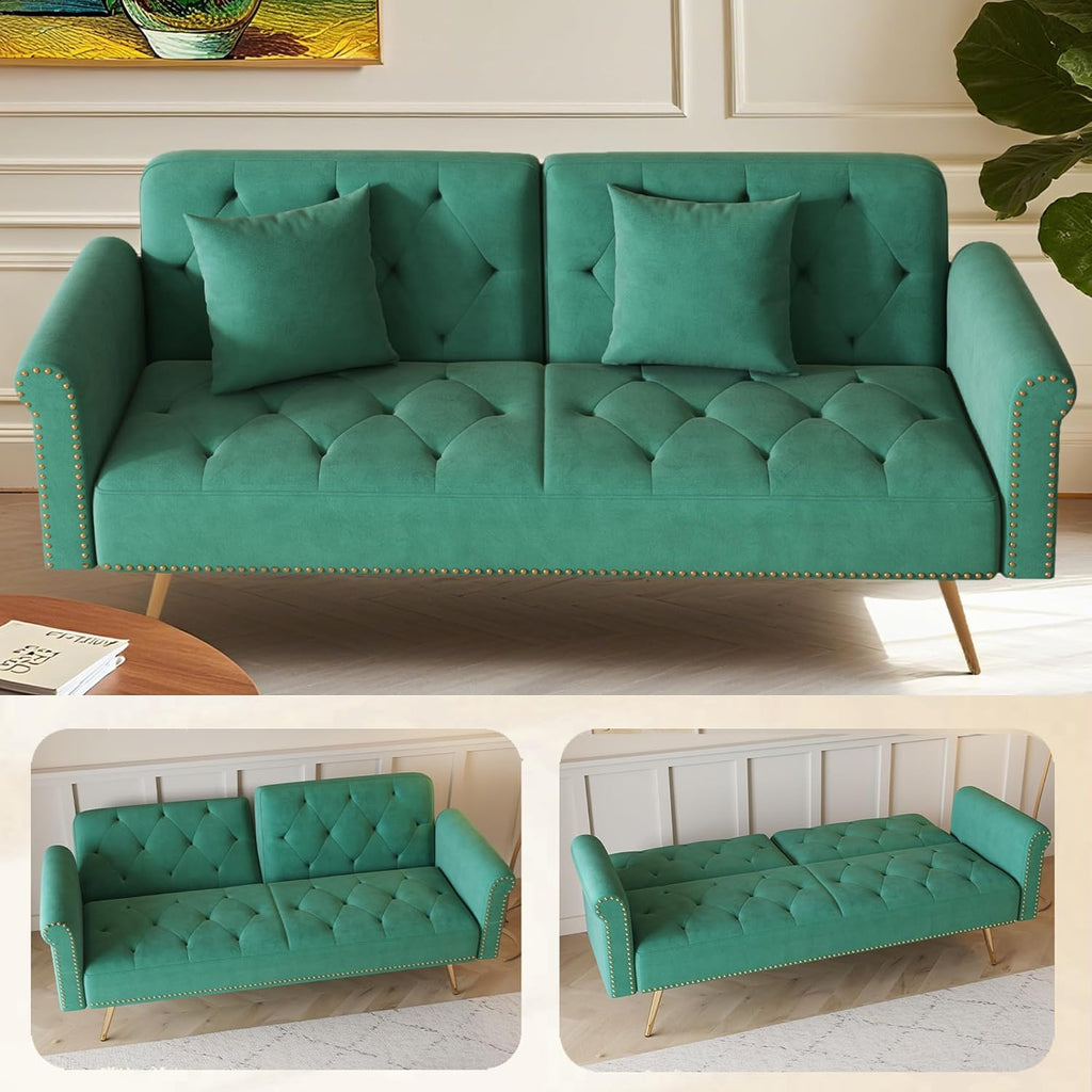 KEIKI 70' Folding Futon Sofa Couch w/Adjustable Backrest, Mid Century Modern Loveseat Convertible to Sleeper Bed, Small Comfy Velvet Cloud Couch SofaBed for Living Room & Bedroom, 2 Pillows, Green