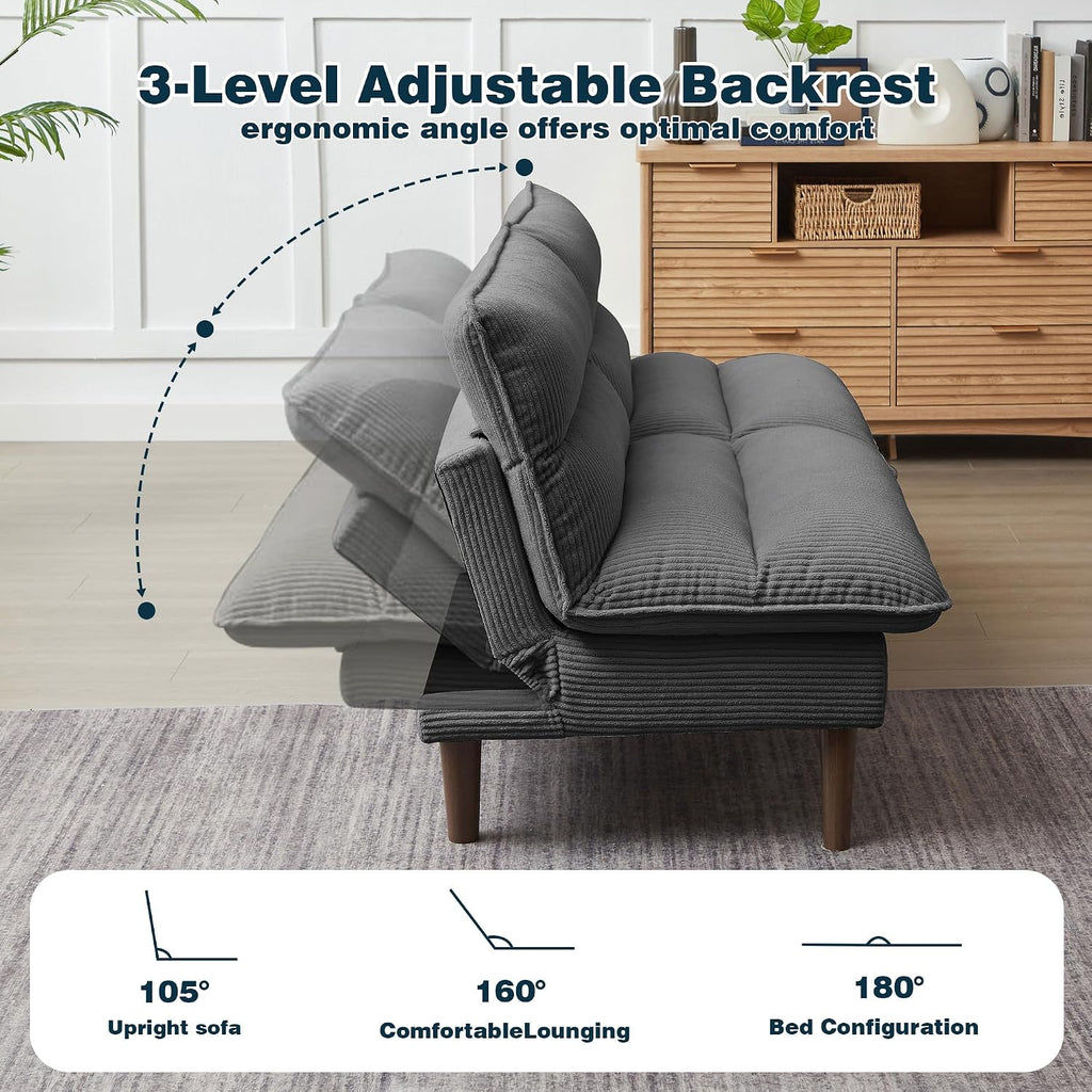 Futon Sofa Bed, 72' Convertible Futon Couch with 3-Level Adjustble Backrest, Modern Loveseat Couch, Folding Recliner Sleeper Sofa for Small Spaces, Living Room, Apartment, Guest Room, Dark Grey