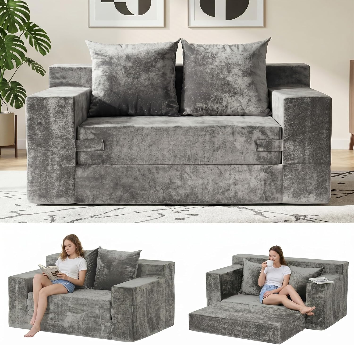 Boneless Couch Loveseat Sleeper, Convertible Sofa Bed Folding Couch Bed, Boneless Chair Bed & Futon Sofa Bed, Small Pull Out Couch Foldable with 4 Pillows for Living Room, Light Grey