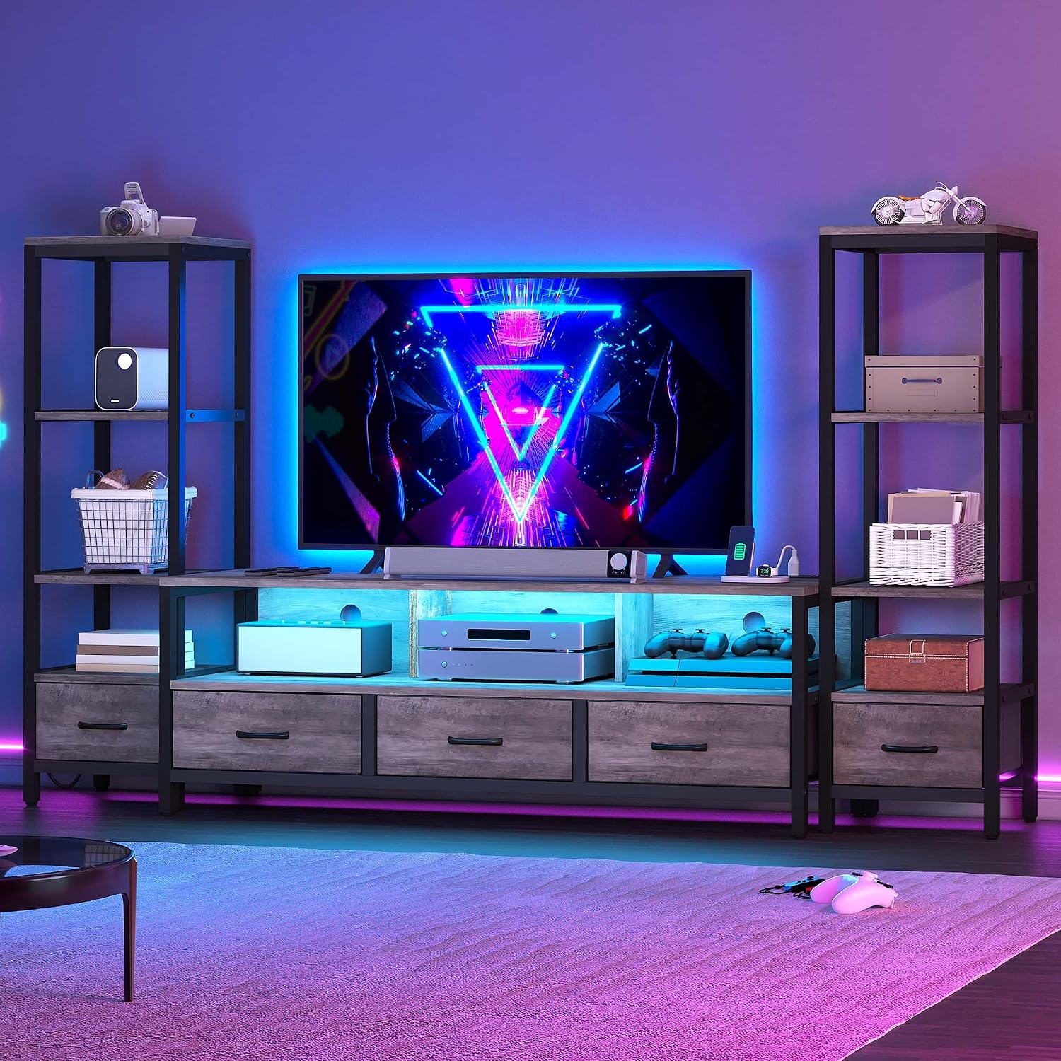 DWVO Entertainment Center with Bookshelves, LED TV Stand for 65/60 inch TV, Farmhouse TV Stand for Living Room with 2 Industrial 4-Tier Bookshelves & Power Outlets, Grey
