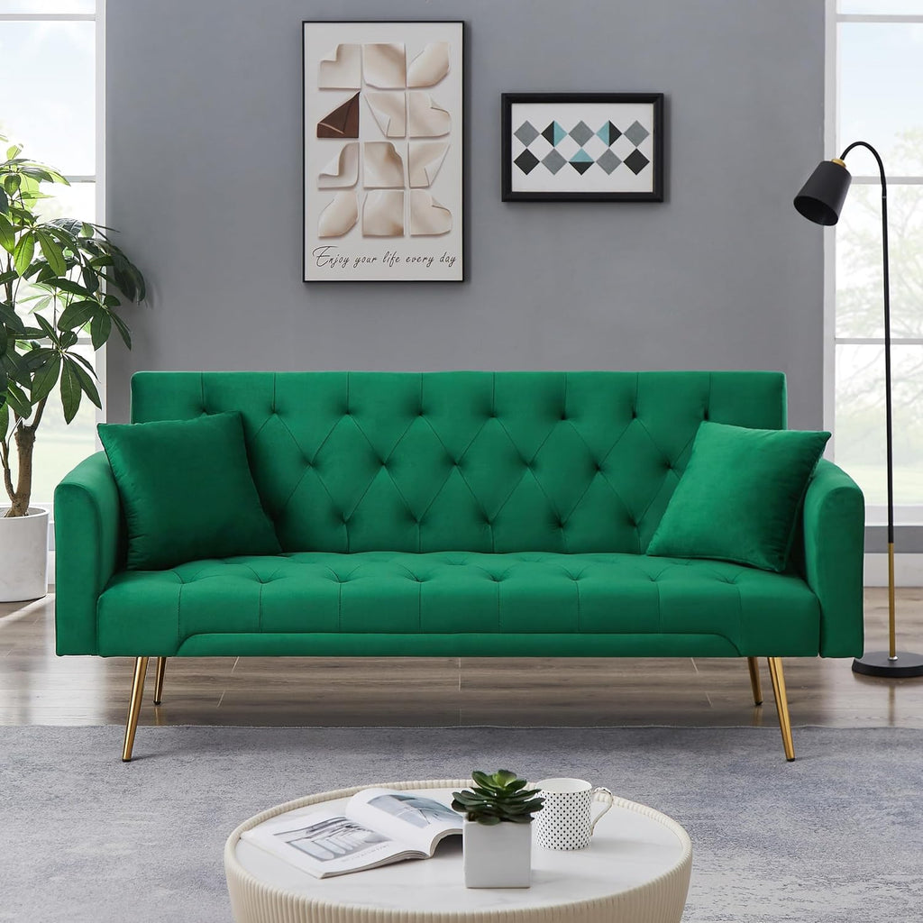 71.65'' Convertible Sofa Bed Modern Futon Set, Velvet Foldable Reclining Loveseat, Three Adjustment Angles,Mid Century Modern Couches for Living Room/Bedroom/Apartment, Easy Assembly,Green