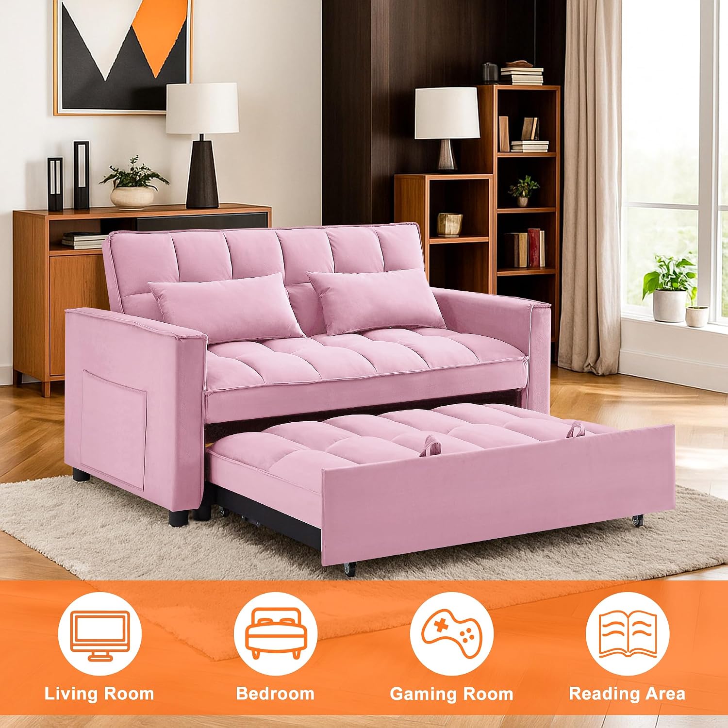 54' Sleeper Sofa Bed, Velvet Futon Sofa Bed with Adjustable Backrest, 3-in-1 Convertible Pull-Out Sleeper Sofa Couch with Armrest and Side Pockets for Small Spaces, Living Room (Pink)